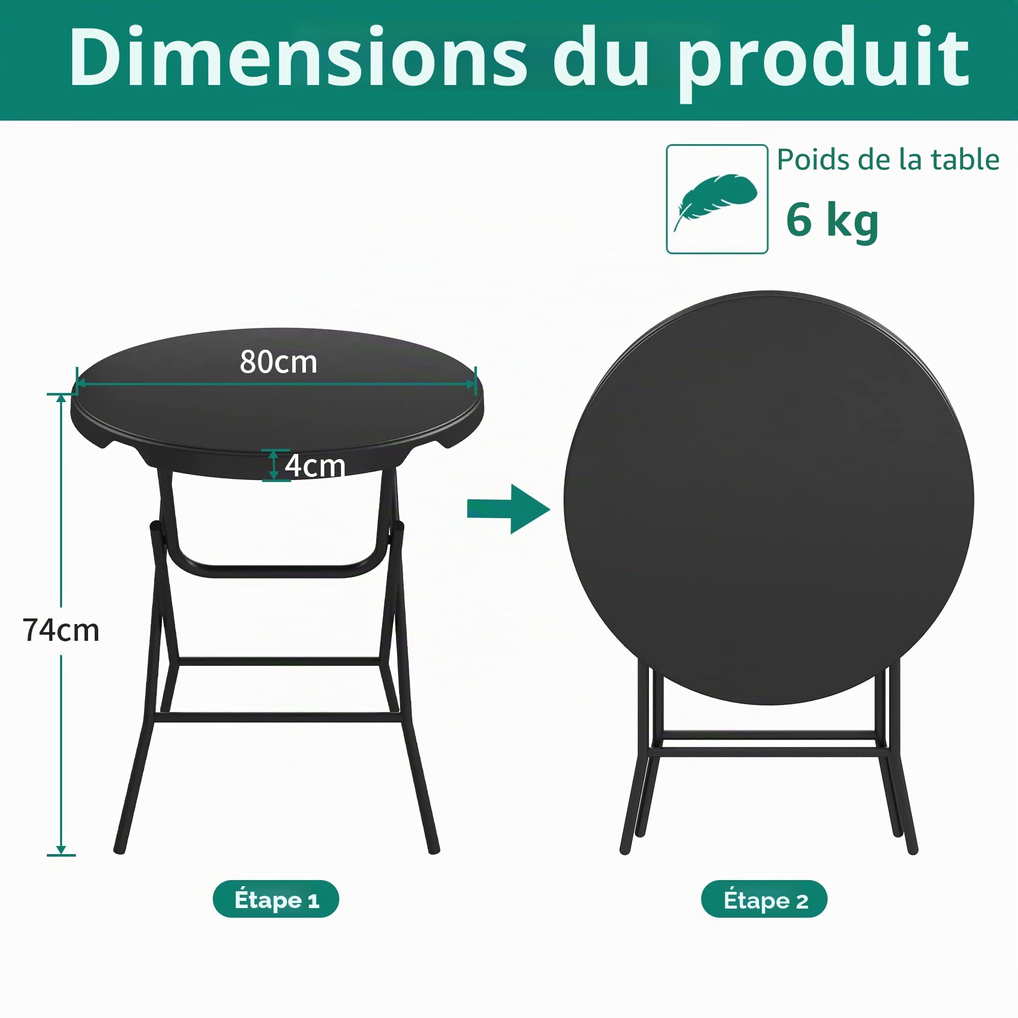 YITAHOME 80cm Table Pliante, Table de Jardin Ronde Robuste,Table Bistrot Table de Balcon pour Fête en Plein Air Barbecue à la Plage, Cadre Métallique Anti-Rouille, 80 x 80 x 74cm, Noire