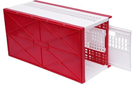 Pigeon Carrier Cage, 23.6X12.2X10.2 Plastic Training Basket with 4 Doors (2 Side + 2 Top), Red Foldable Pigeon Cage with Handle,Portable Bird Transport Box for Racing & Release