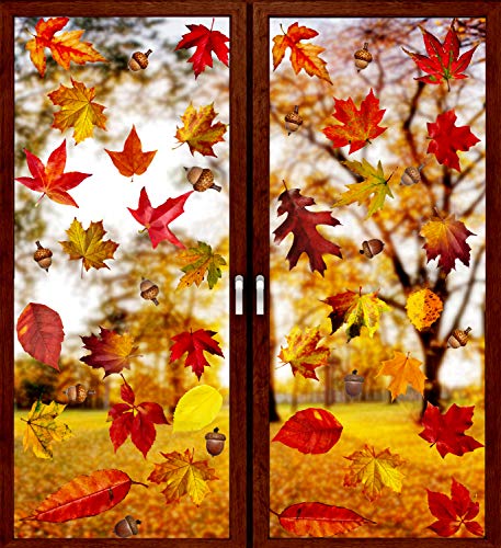 VEYLIN 6 Sheets 200Pcs Thanksgiving Window Clings, Autumn Maple Leaves Windows Static Stickers for...