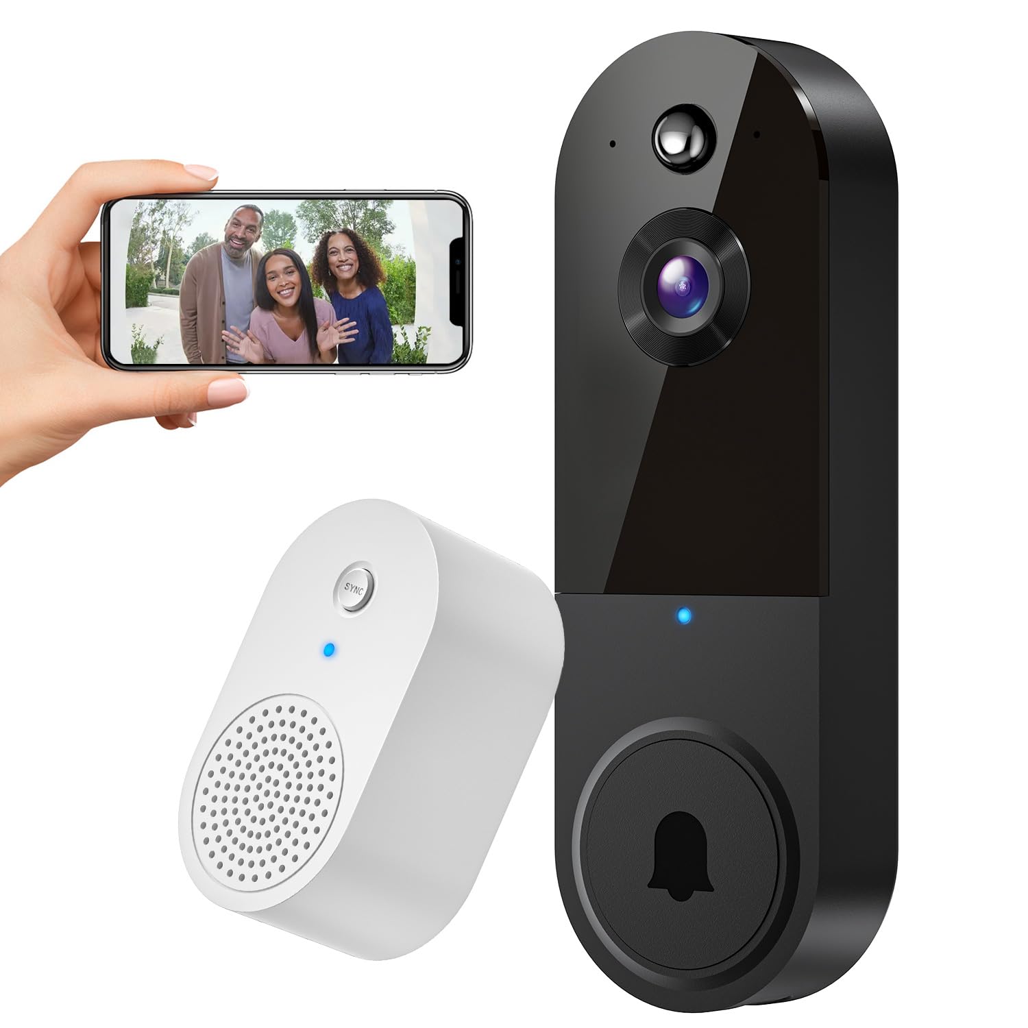 1080P Video Doorbell Camera Wireless with Doorbell Receiver, Cloud Storage, Live View, 2-Way Talk, Night Vision, 2.4Ghz WiFi Only, Indoor Surveillance, Real-Time Alert (Black)