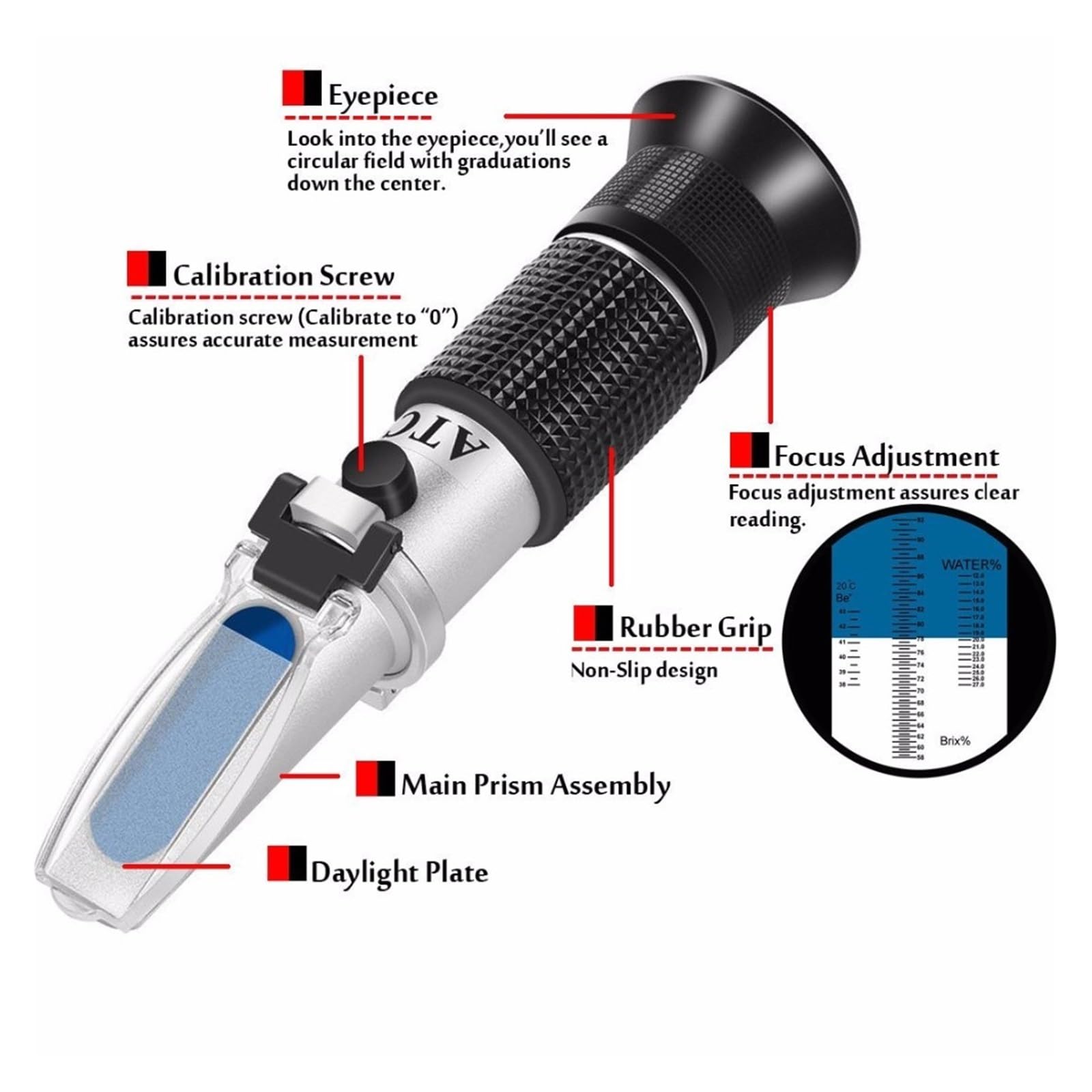 Brix-Refraktometer, digitales, Hydrometer, Handrefraktometer, Refraktionswerkzeuge, 58–90% 38–43 Be Baume Honigwein, Wassergehalt (12–27%), langlebig und einfach zu bedienen