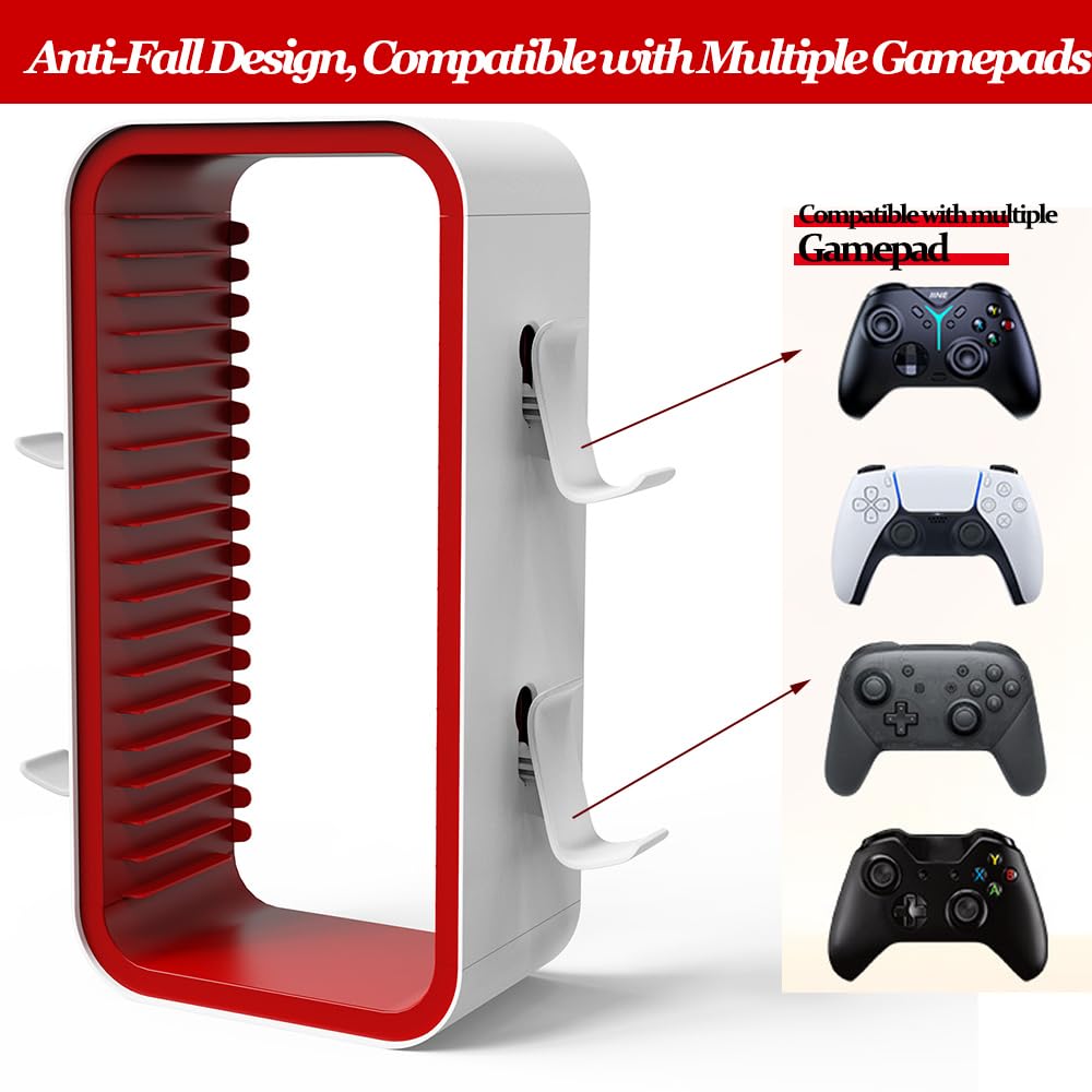 Torre de Almacenamiento de Juegos para PS5/ Xbox Series S & X/Switch, Organizadores Universales de Discos de Videojuegos, Almacena 18 Juegos, con 4 Soportes de Controlador (Rojo)