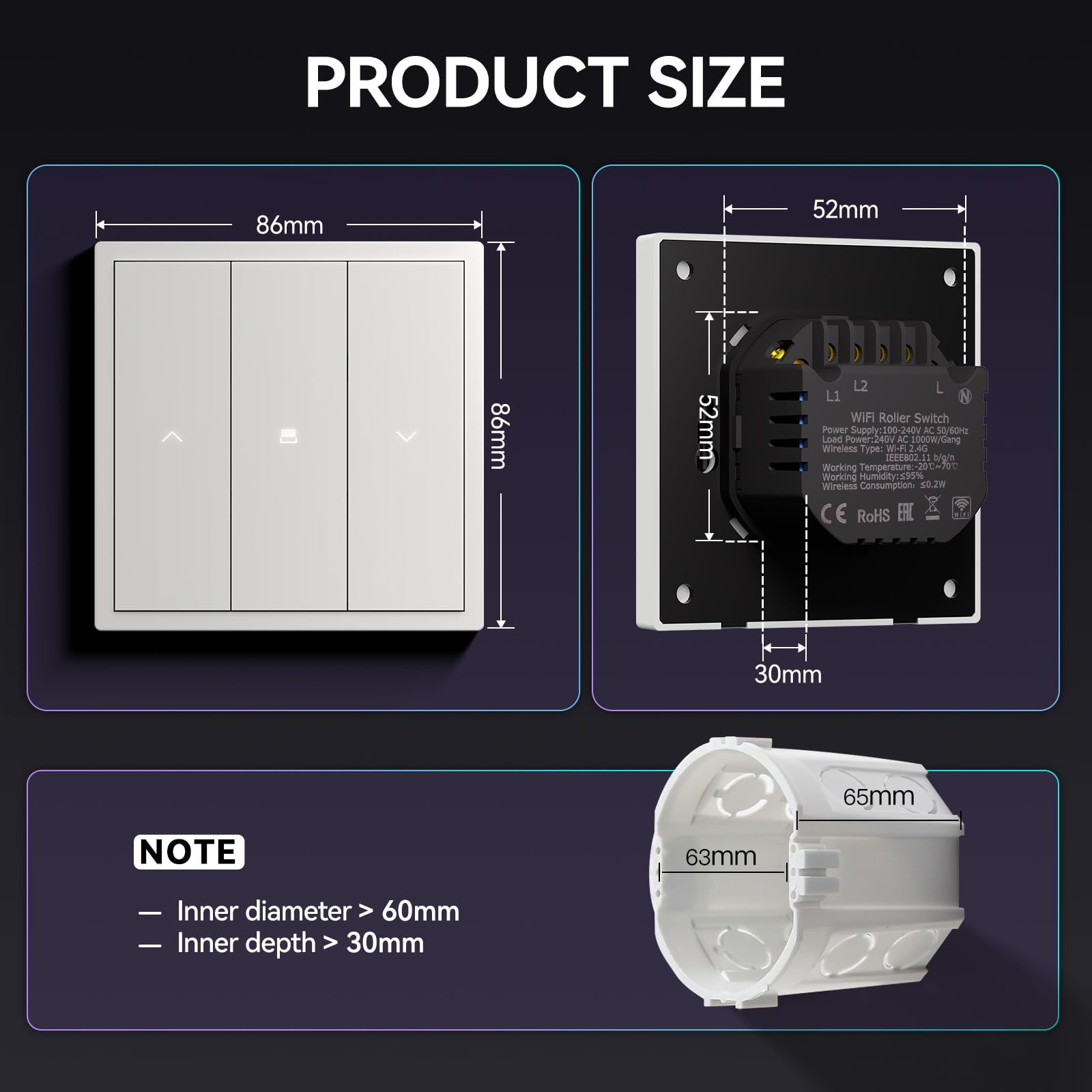 BSEED Interruttore intelligente per tapparelle, opaco, interruttore WiFi con spia di controllo, interruttore a incasso, serie S, 86 mm, bianco, confezione da 3