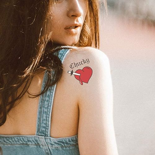 Miniatura 2 de Tatuajes temporales de corazón de la novia de Chucky, 10 calcomanías de tatuajes de corazón Tiffany para mujeres, Halloween, fiesta, disfraz, cosplay