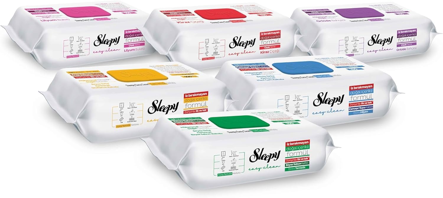Sleepy Easy Clean Mix - Pack de 100 toallitas de limpieza para el hogar (1 lirio, 1 orquídea, 1 cereza, 1 azul, 1 verde, 1 amarillo