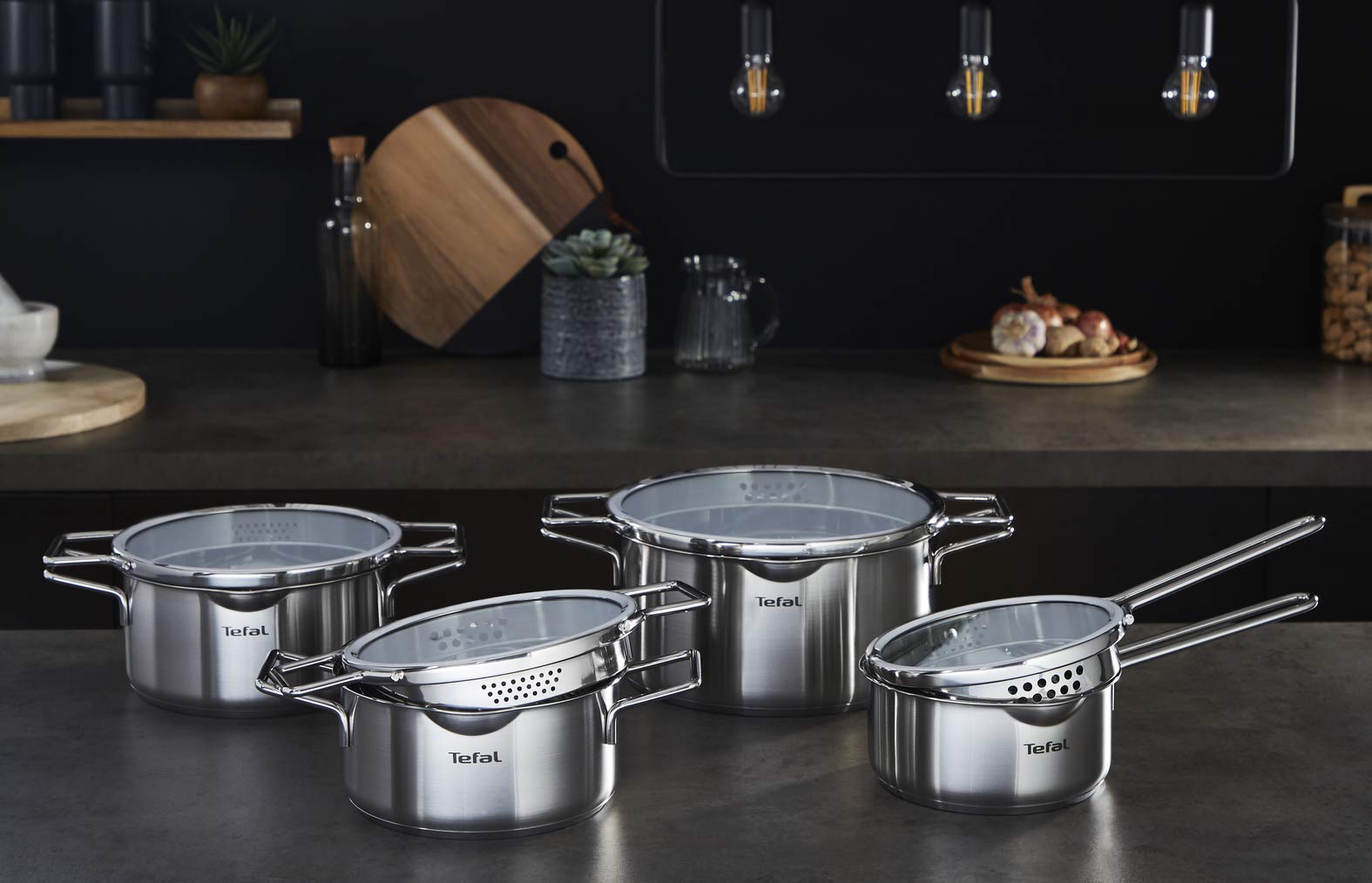 Tefal Nordica H852S655 Kochtopf, 6-teilig, 18/20/24 cm, Edelstahl + Glasdeckel, Ausgießer, einfaches Abgießen, Induktion
