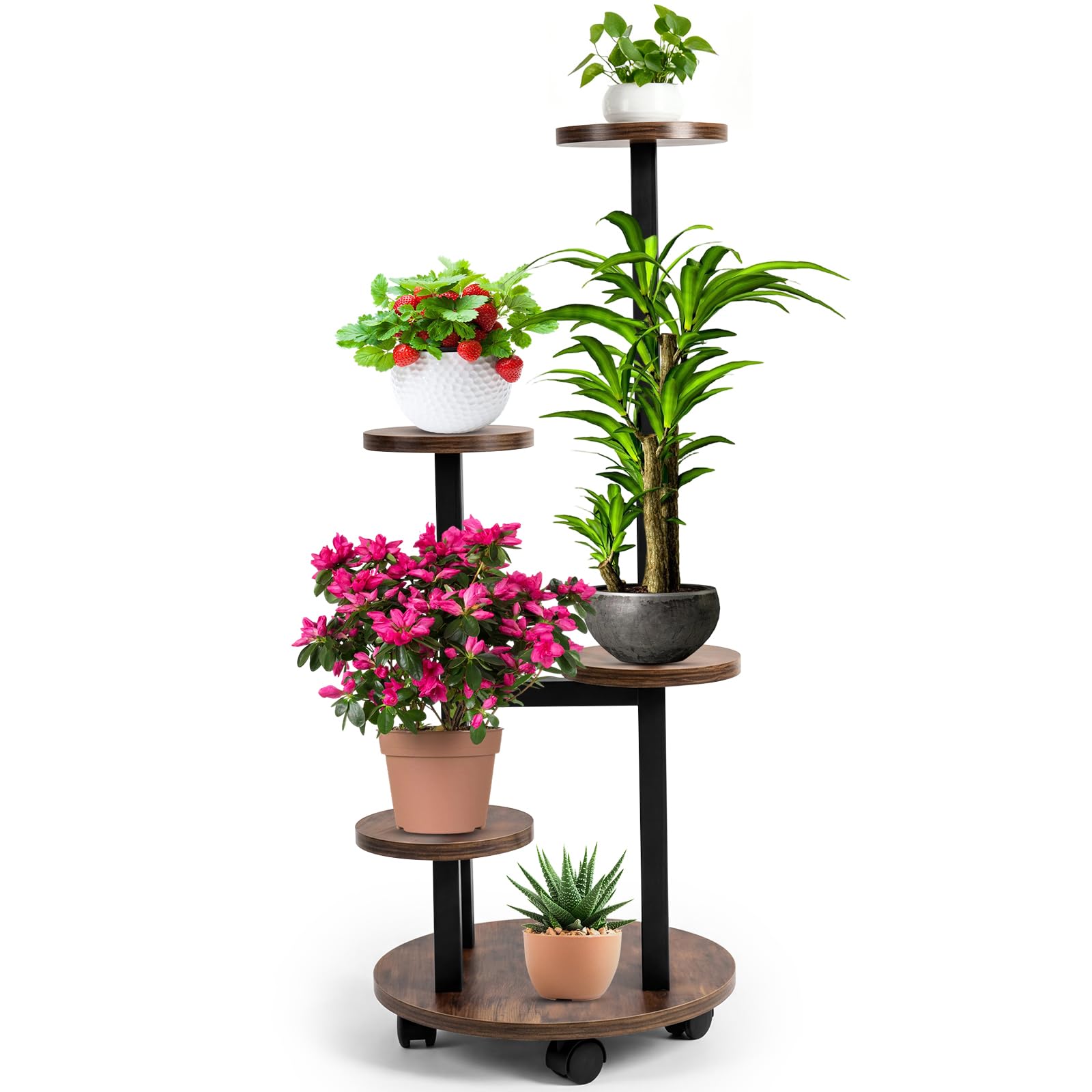 Porte-Plantes Rond sur Roulettes, 5 Étagères, 85 cm de Hauteur, Support en Métal et Bois, Stabilité et Gain de Place pour Salon, Balcon