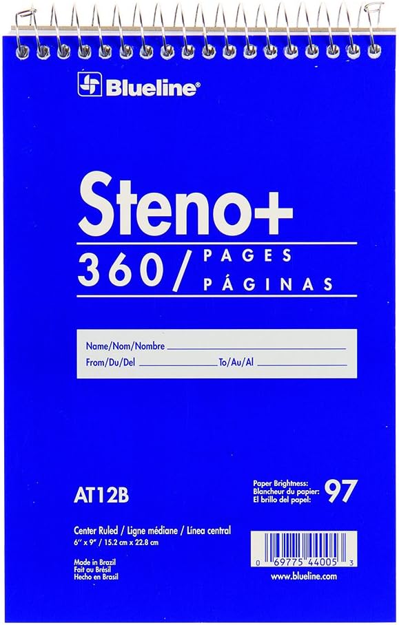 Blueline Steno Note Pad, Spiral Top Binding with Flexible Blue Cover, 6" x 9", 360 Pages (AT12B)
