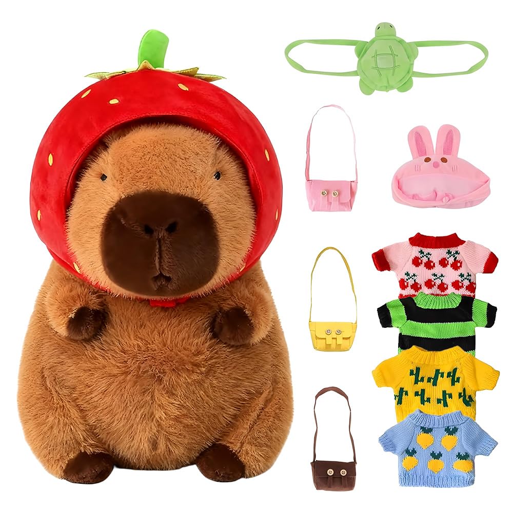 HIULLEN Dress Up Capybara, Capybara Plush With Clothes and Accessories, 23cm Capybara Teddy with 4 Clothes & 3 Bags & 2 Hat & 1 Turtle Backpack, Capybara Stuffed Animal for Boys and Girls (11Pcs)