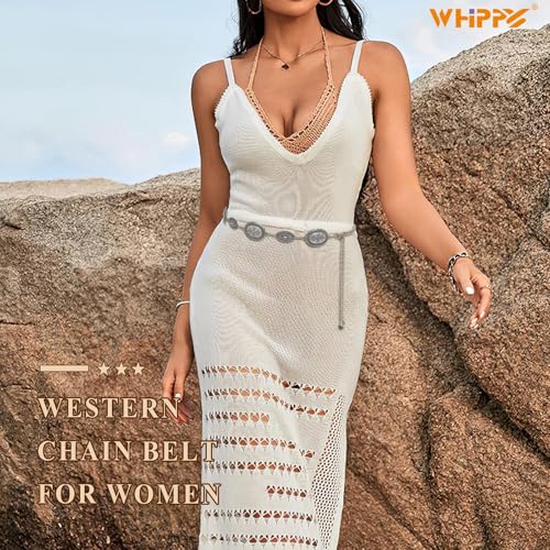 Image of WHIPPY Western Metal Concho Belt for Women Vintage Cowgirl Boho Turquoise Chain Belts for Dresses Jeans