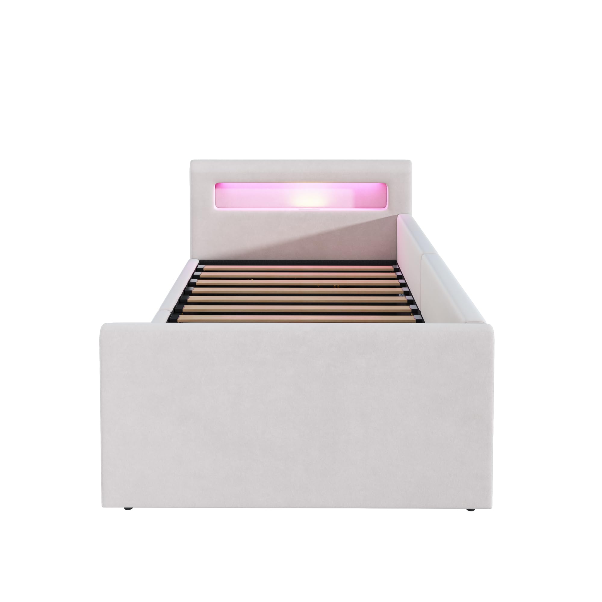 Lubvtti Letto singolo imbottito 90×200cm, Letto contenitore con luce LED e porta USB, Con vano portaoggetti, Letto per bambini con vano contenitore idraulico, Velluto, Beige (materasso non incluso)