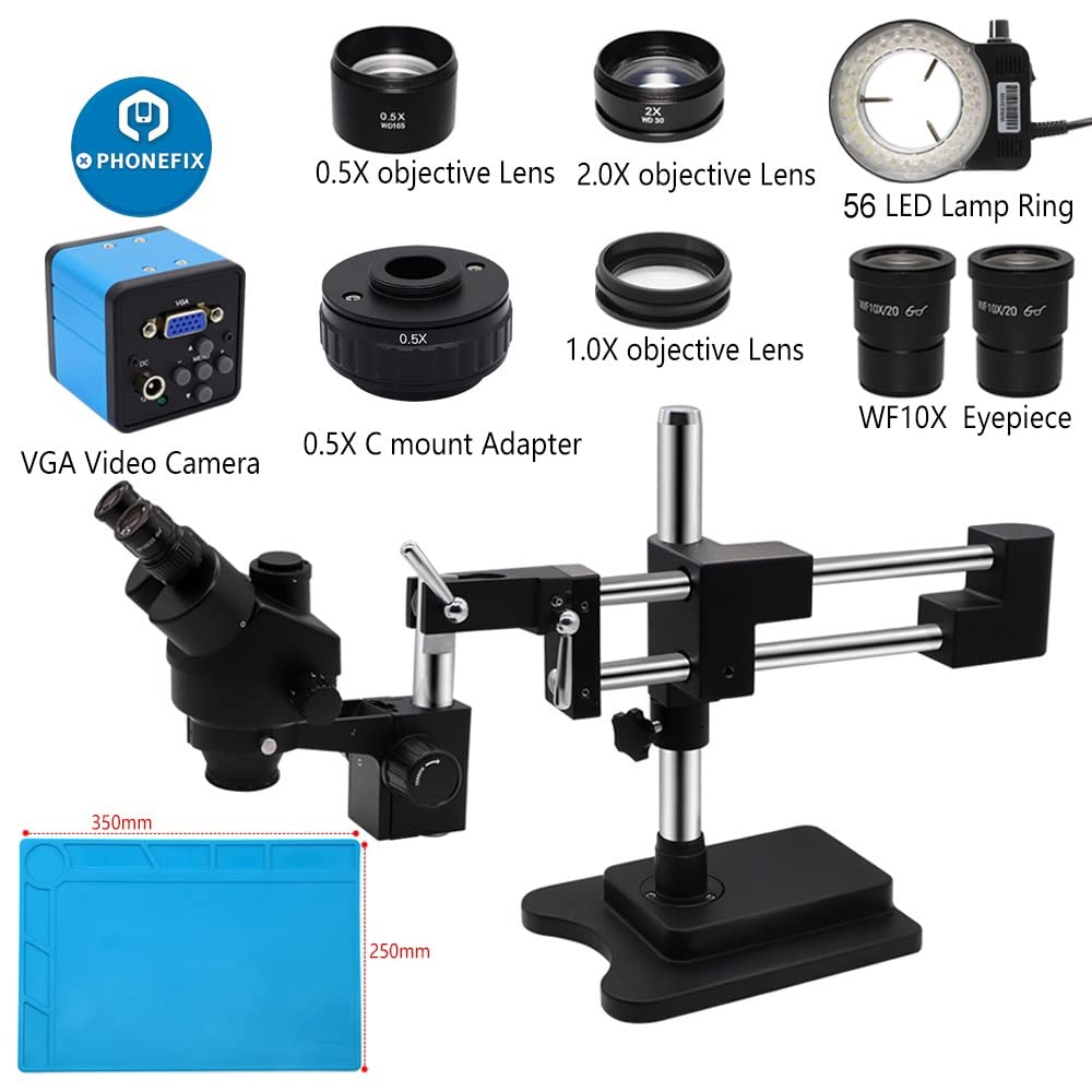 Microscope Double Boom Holder Stand Lab Industrial Zoom Stereo Trinocular Microscope with 38mp VGA Camera 56 LED 0.5X C Mount Lens Adapter(VGA 0.5X Adapter)