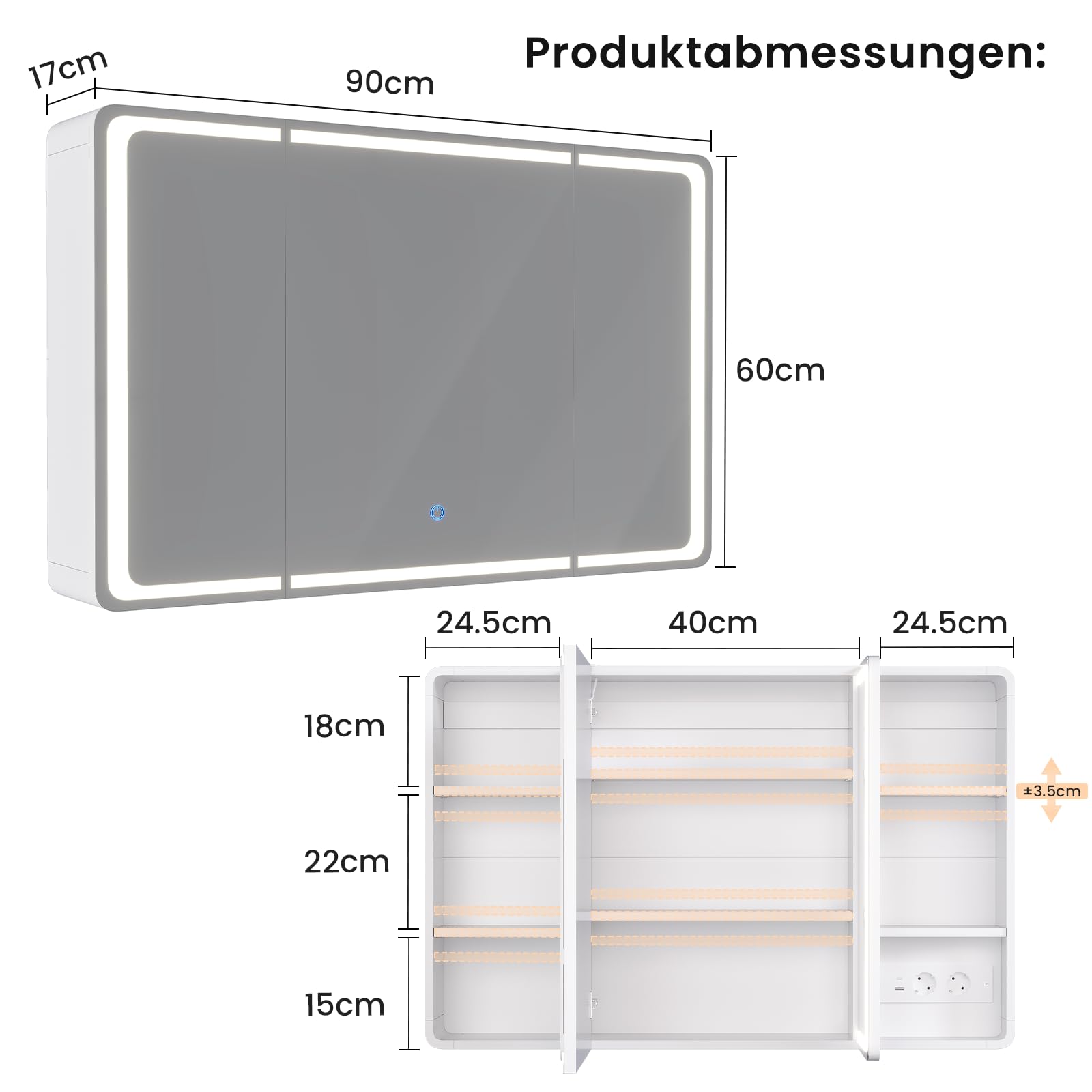 Spiegelschrank Bad 90 x 60 x 16 mit LED-Beleuchtung, Steckdose & 9 Fächer