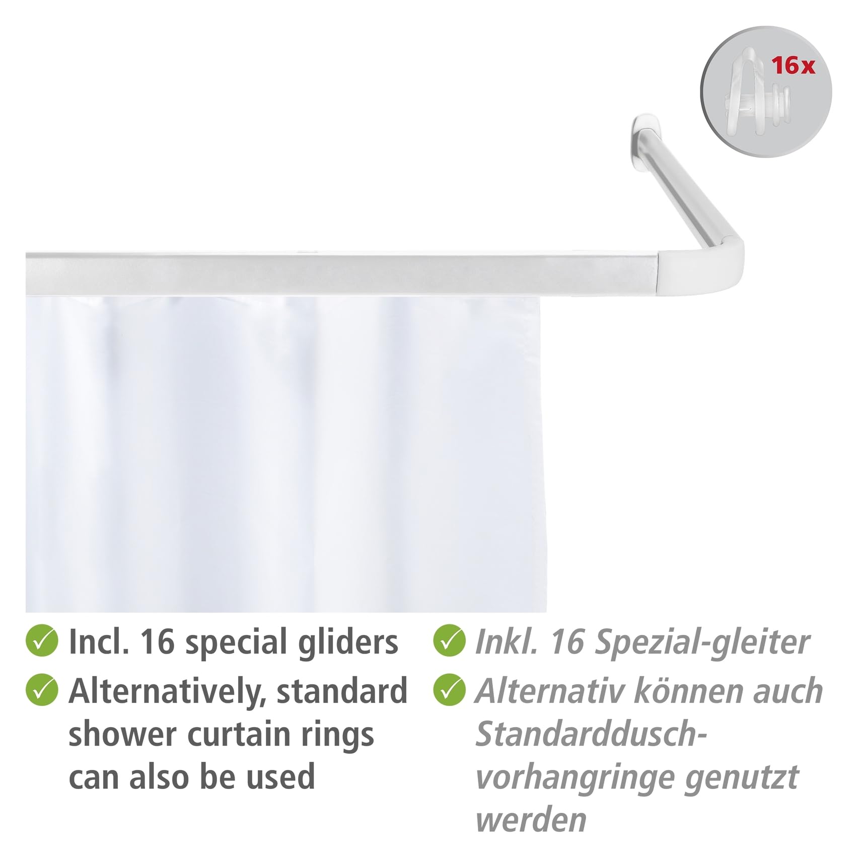 WENKO Winkelschiene Era, Winkelstange aus Aluminium für Duschvorhang, flexibel in L- und U-Form anzubringen, inkl. Gleiter, Weiß
