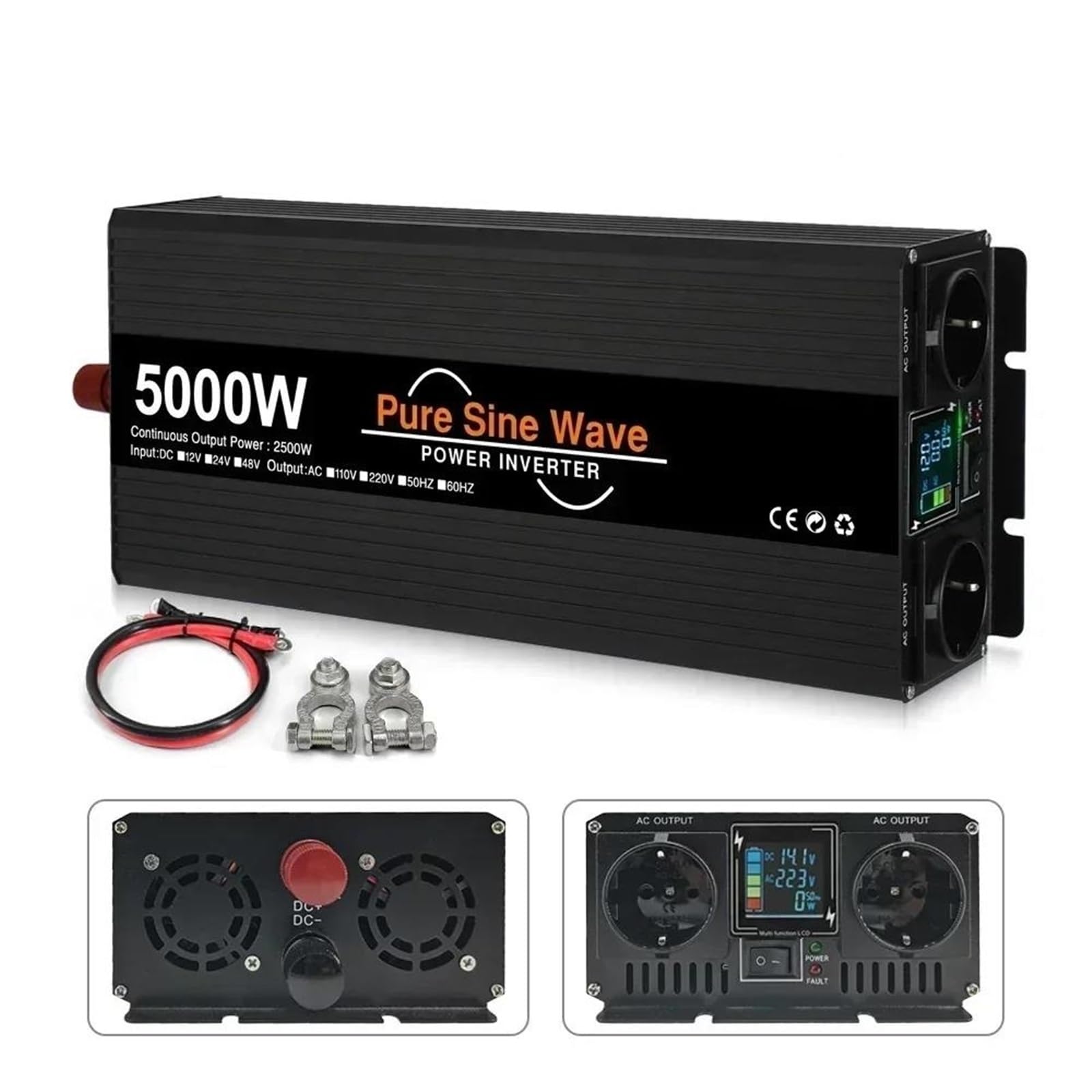 Inversor Inversor Solar De Onda Sinoidal Pura (CC 12V 24V 48V A CA 220V 4000W 5000W 6000W Doble Enchufe 60 Hz)(5000W (Rated 2500W))