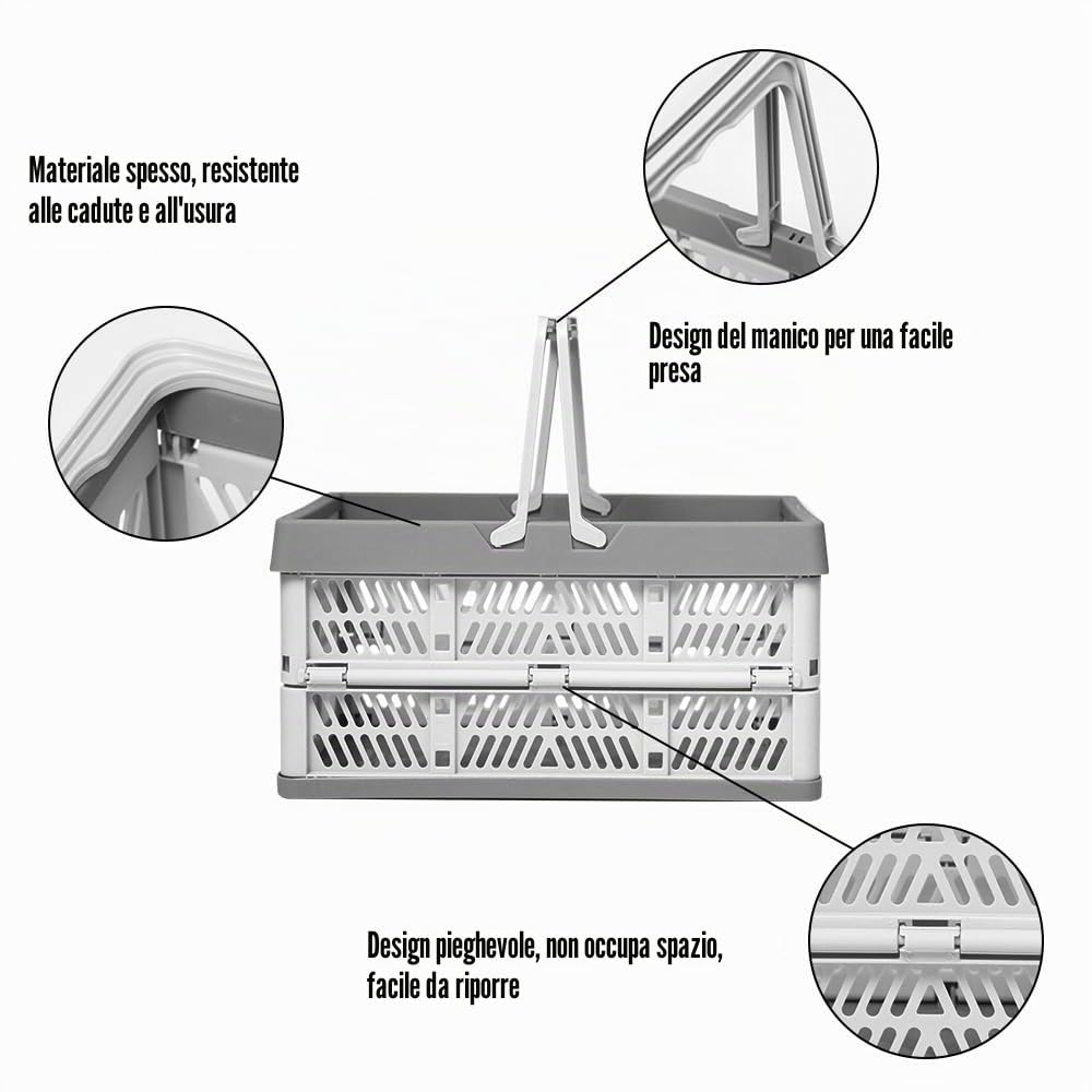 2 Pezzi Cassetta Portaoggetti Pieghevole con Manico (38x25x20cm) | per Cucina Bagno Ufficio Campeggio Viaggi Picnic, Cestino per la Spesa Pieghevole, Scatola Portaoggetti Pieghevole