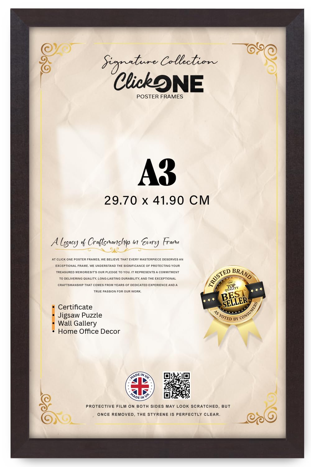Click One — Elegant A3 (29.70 X 41.90 CM) Perspex | Poster Frame For Versatile Vertical Or Horizontal Display Of Artworks And Photos — Slim Profile With Secure Backing 16 X 11 Inch Mahogany