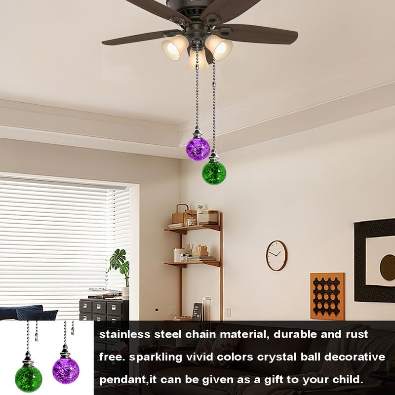 Image of 2pcs Crystal Ceiling Fan Pull Chain Ornament, 12 inch Ball Chain Purple & Green Fan Light Pulls Decorative Extension with Connector, Sliver Chain