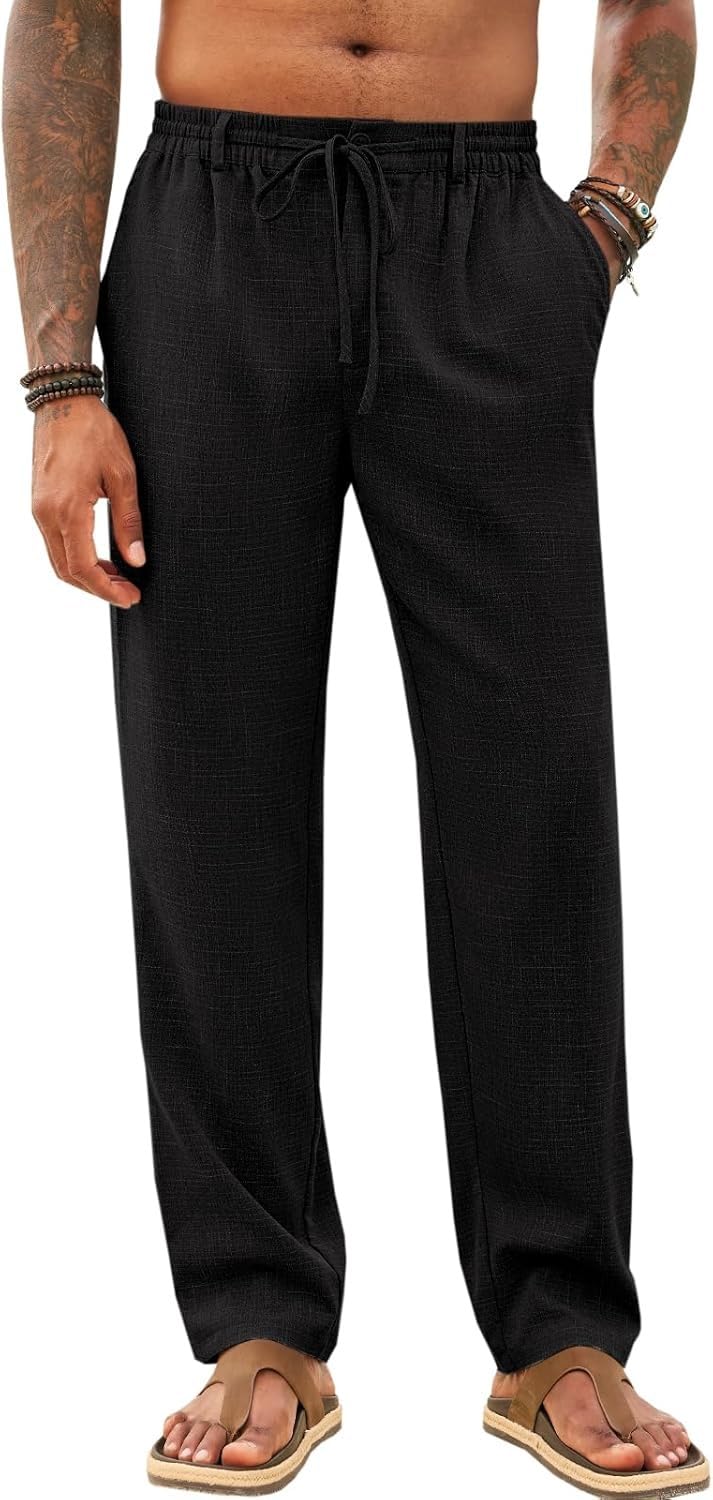 Runcati Herren Hose Lang Bügelleicht Freizeithose Männer Leicht Sommerhose Strand Yogahose mit Taschen Elastischer Bund