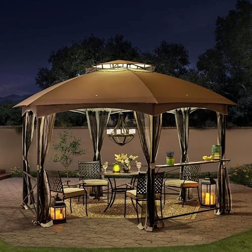N/A Outdoor Patio Hexagon Gazebo 13' W X 11' D Dome Top Powder-Coated Steel Frame Gazebo With Net Gray #TOP3