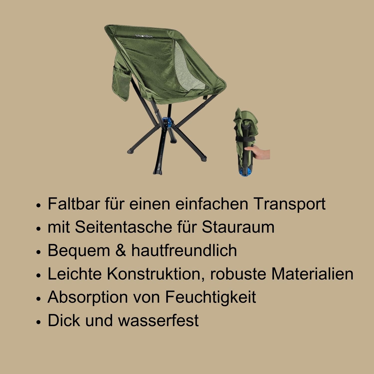 Moonbox Sedia da campeggio | Sedia da pesca | Portatile | Sedia pieghevole con borsa per il trasporto | Picnic | Camper | Prato | Grill | Sedia pieghevole | Sedia da spiaggia | Outdoor | Sport