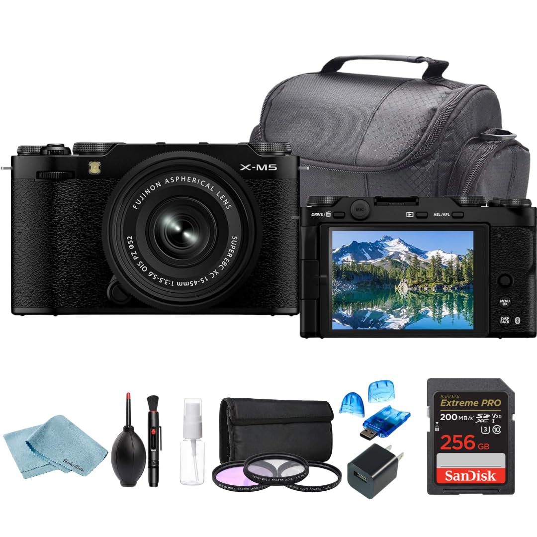 FUJIFILM X-M5 Mirrorless Camera with XC 15-45mm Lens + 256GB SanDisk Extreme Pro, Camera Bag, 3-Piece Filter Set, Card Reader & BluebirdSales Cleaning