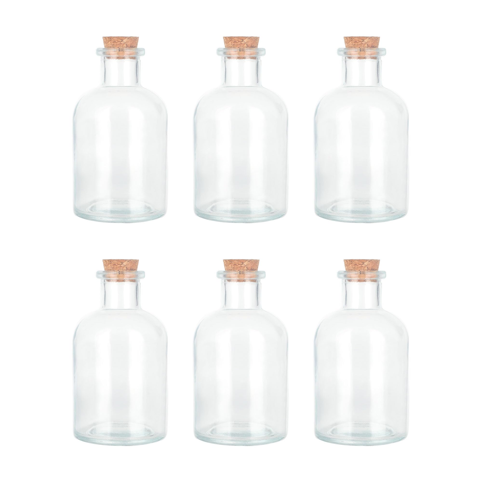 Magic Season Decorative Glass Bottles with Cork Stoppers (5 fl oz. Round Bottles / 6 Pcs)