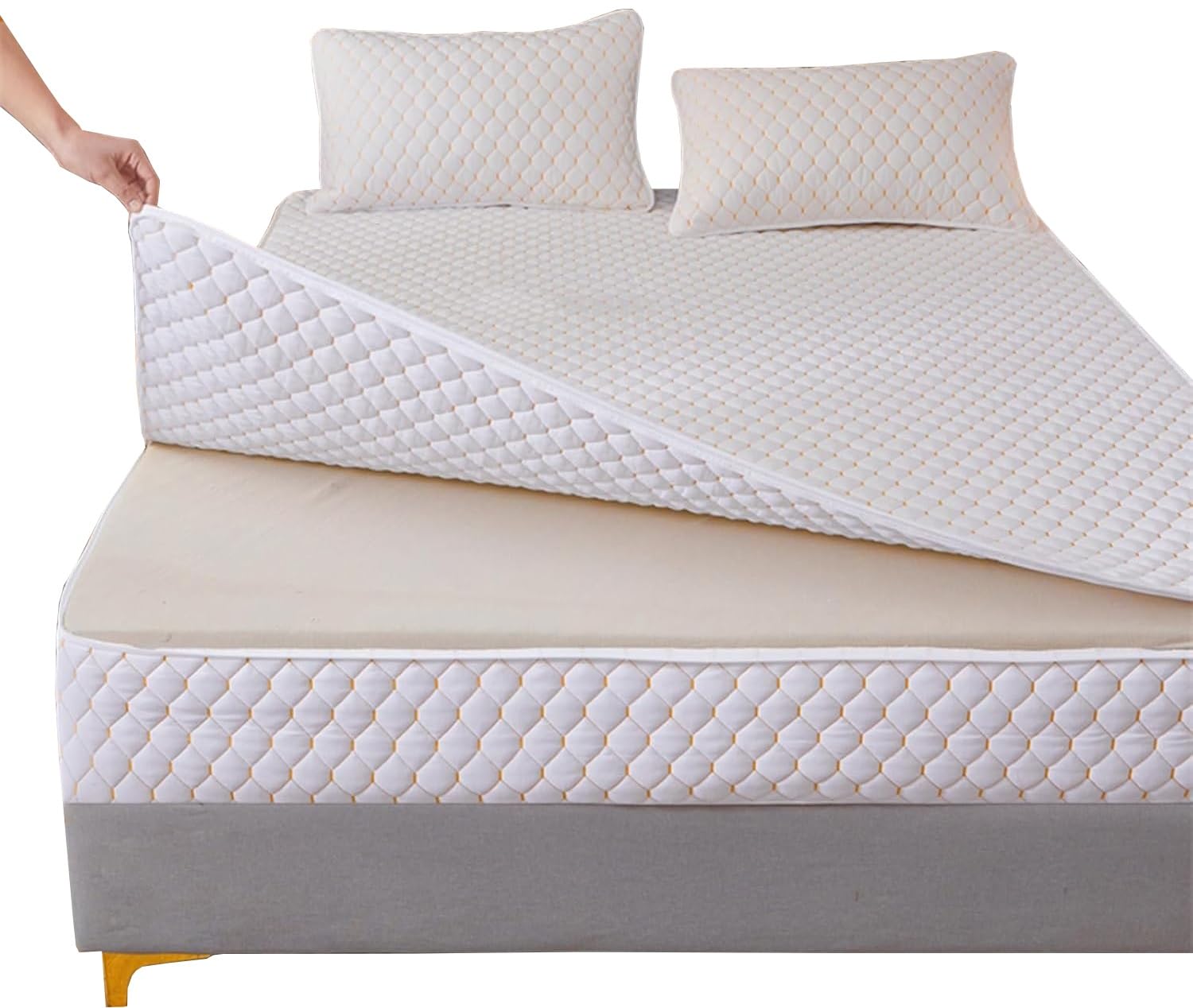 AQIGR Quilted Mattress Covers Double Bed Zipped, Microfiber Quilted Bed Sheet King/Single/Small Double Size Bed,12-35cm Extra Deep Mattress Protector Cover(White,200x200+25cm)