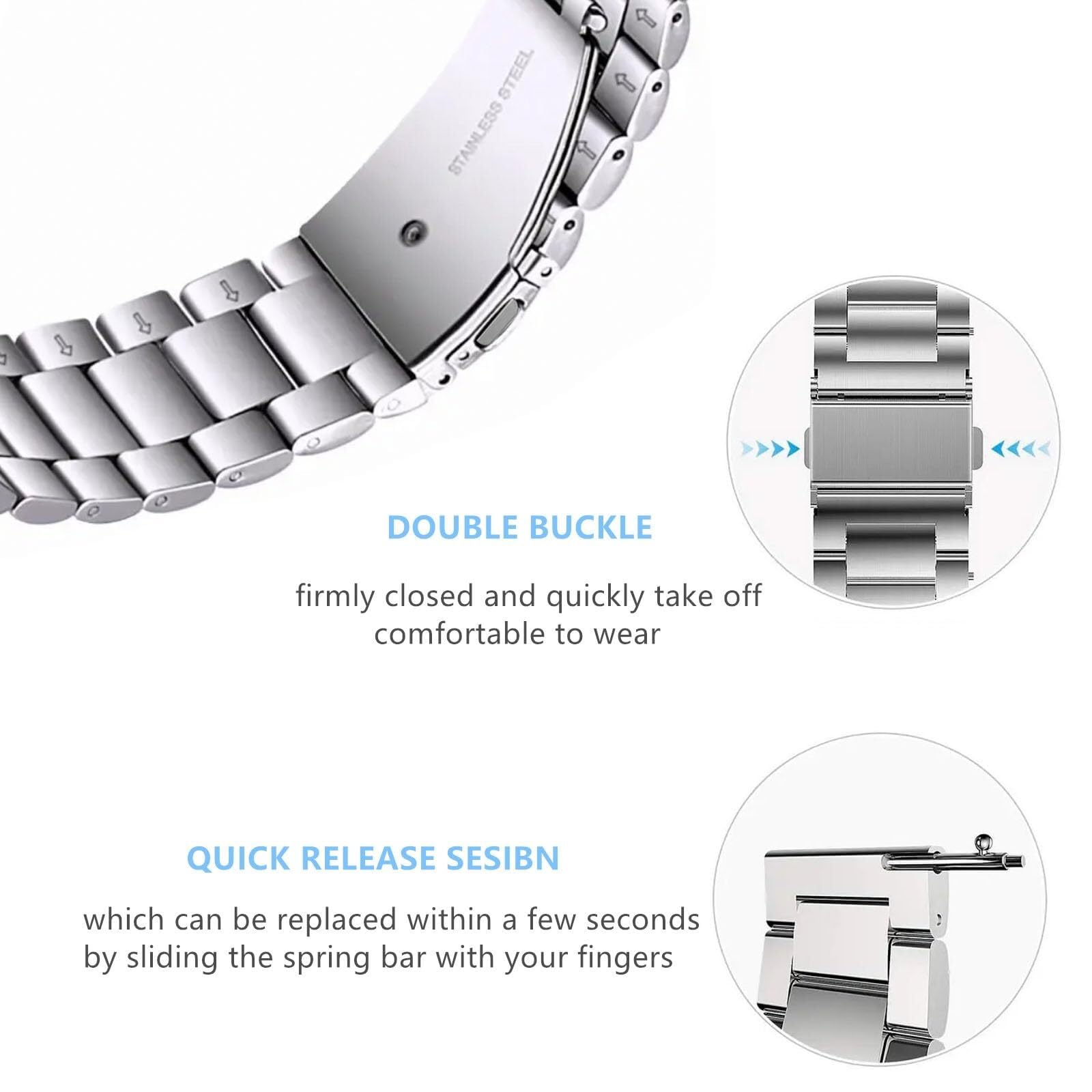 CZKE Correa de reloj de acero inoxidable de liberación rápida de metal cepillado mate de 18 mm, 20 mm, 22 mm, correa de repuesto para reloj inteligente para hombres y mujeres