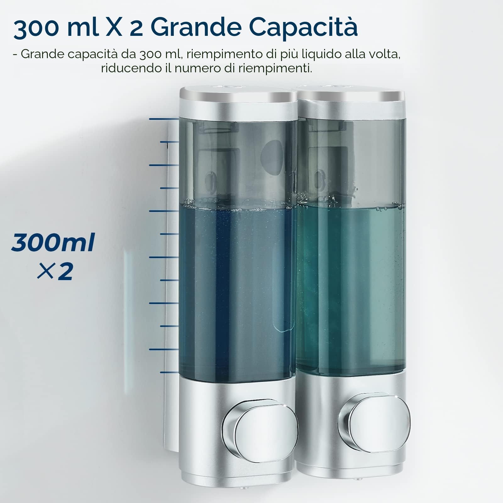 modunful Dispenser Shampoo e Bagnoschiuma 3 Camere | ABS Lucido | Erogatore a Pressione Controllata | Senza Trapano | Resistente per Casa e Appartamento