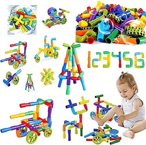 Image of AEXONIZ TOYS Pipe Puzzle for Kids - 75Pcs Non-Toxic Plastic Water Pipe Shaped Creative Tube Locks Construction Set Toy with Wheels Kids Educational Preschool Learning Toys