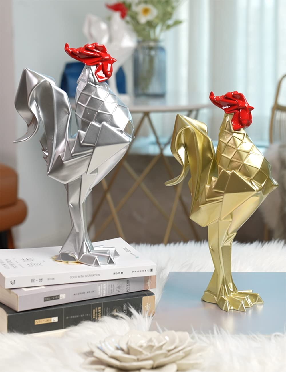 Gallo Statua Scultura Animale Figurina Statuetta Casa Decorazione Regali Moderna Soprammobili Ornamento Ceramica Arte Argento 31cm