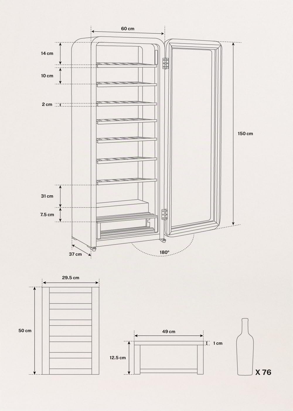 CREATE/WINECOOLER RETRO XXL/Cave à vin électrique 76 bouteilles, blanc cassé/Design rétro, 208L, bouteilles 75cl, matériaux robustes