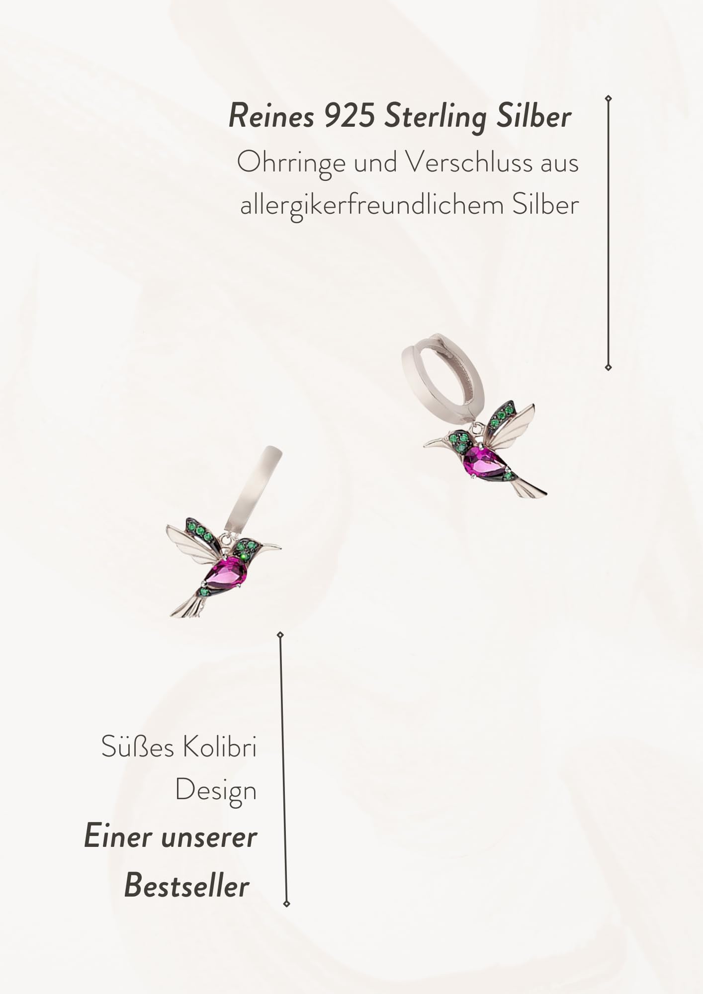 Einzelstück® Kolibri Hoops I 925 Sterling Silber Ohrringe im Vogel Design I Kreolen mit grünen und pinken Zirkonia Steinen I 14K Gold & Rosegold I Allergikerfreundlicher Echtschmuck