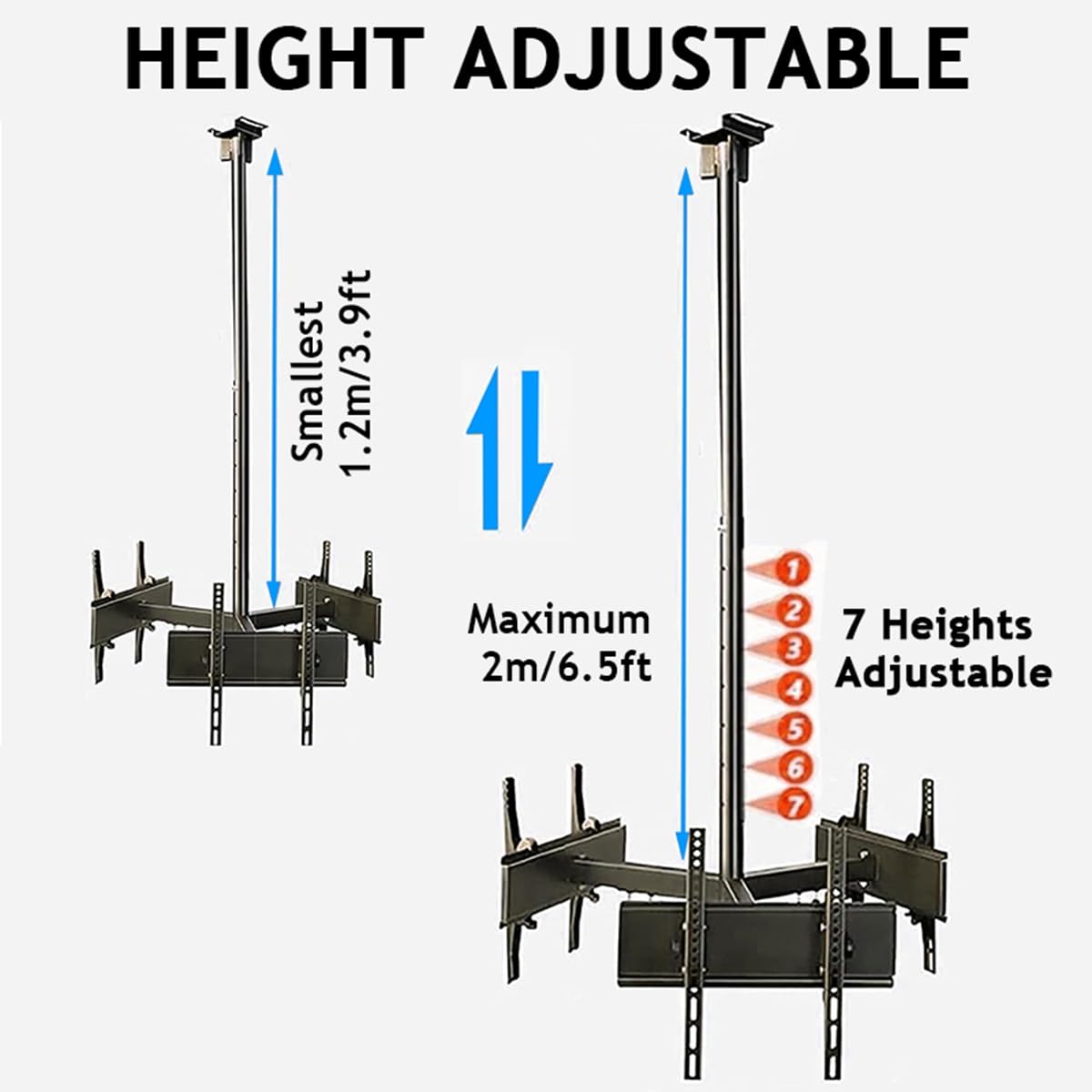 Soporte de TV de Techo de 3 Lados - Soporte de TV Colgante de Techo con 7 velocidades de Altura Ajustable, Compatible con la mayoría de televisores de 32 a 75 Pulgadas