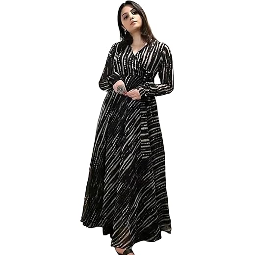 Fashion2wear Women's Georgette Anarkali Dress with Full Sleeves Floral Printed Knee Length Regular Fit and A Line Style