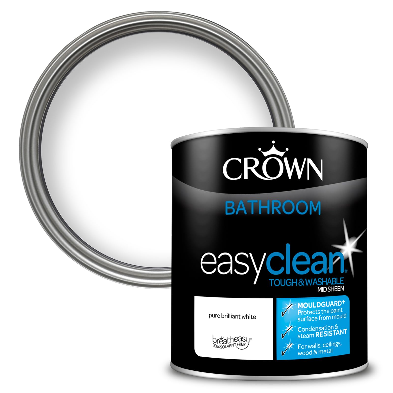 Crown Pure Brilliant White - Bathroom Paint, Mid Sheen Emulsion - Washable, Mould and Condensation Resistant - Bathroom and En Suite - Water Based, Low Odour Paint - 1L