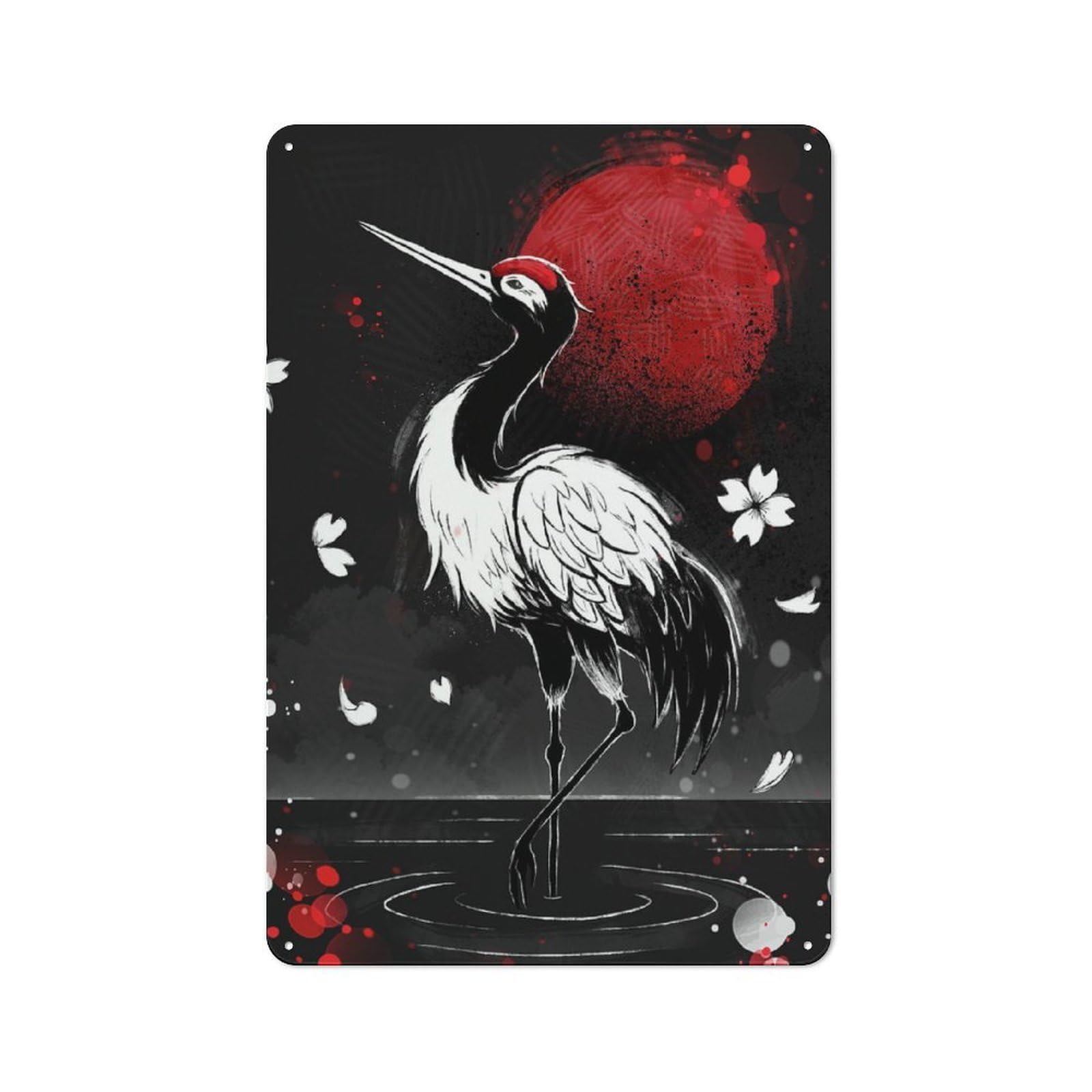 Junmoney Style-6 Crane And Red Moon Illustration Urban Metal Wall Decor 30X20cm, Industrial Metal Sign For Flat, Bar, Studio Or Gallery Wall