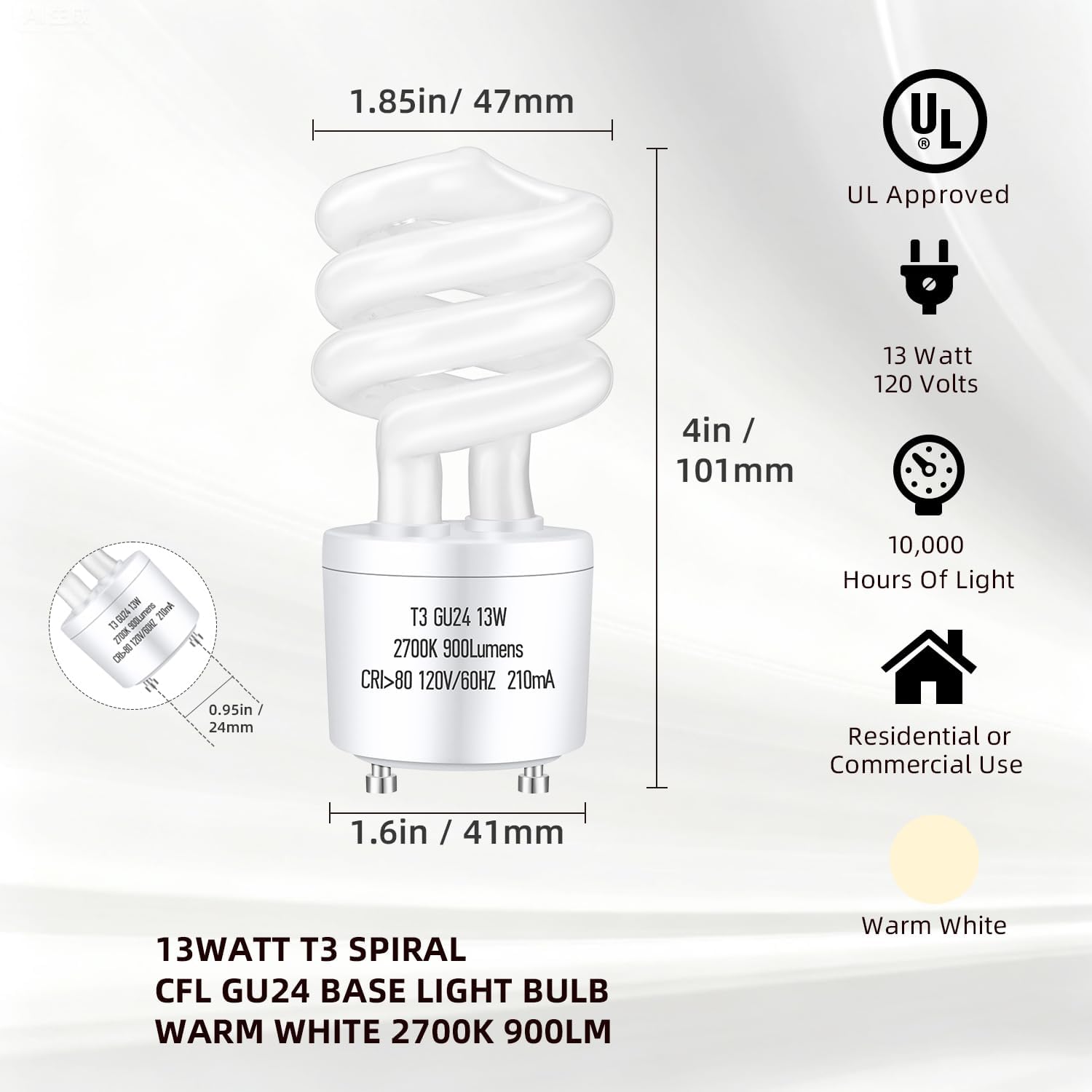 GU24 13Watt 2700K 900lm CFL Light Bulbs, T3 Spiral Gu24 Base 2 Prong (60W Equivalent) Soft White Compact Fluorescent Light Bulbs, UL Approved, 120v 60Hz, Self Ballasted, Indoor Use (2 Pack)