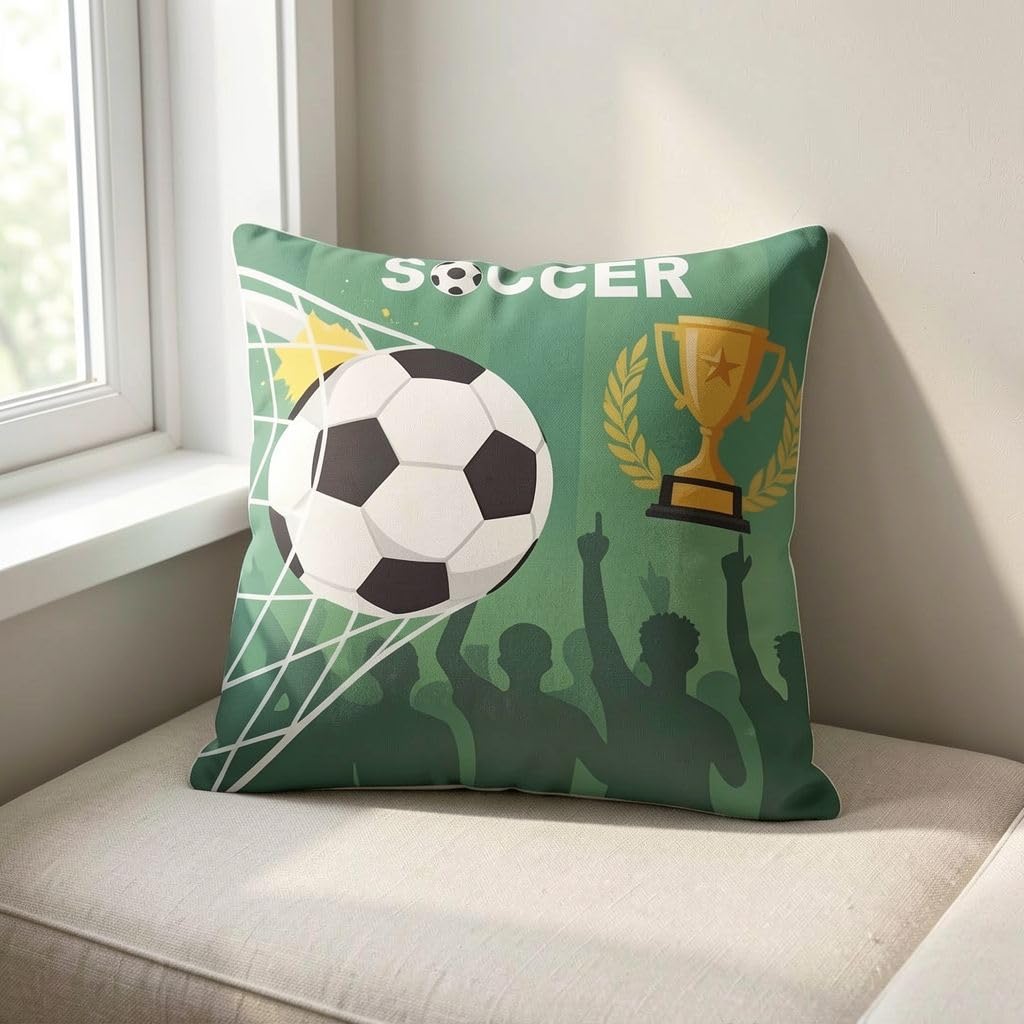 Soccer-05 Green Soccer Goal Trophy Throw Pillow Cover, Football Champion Cushion