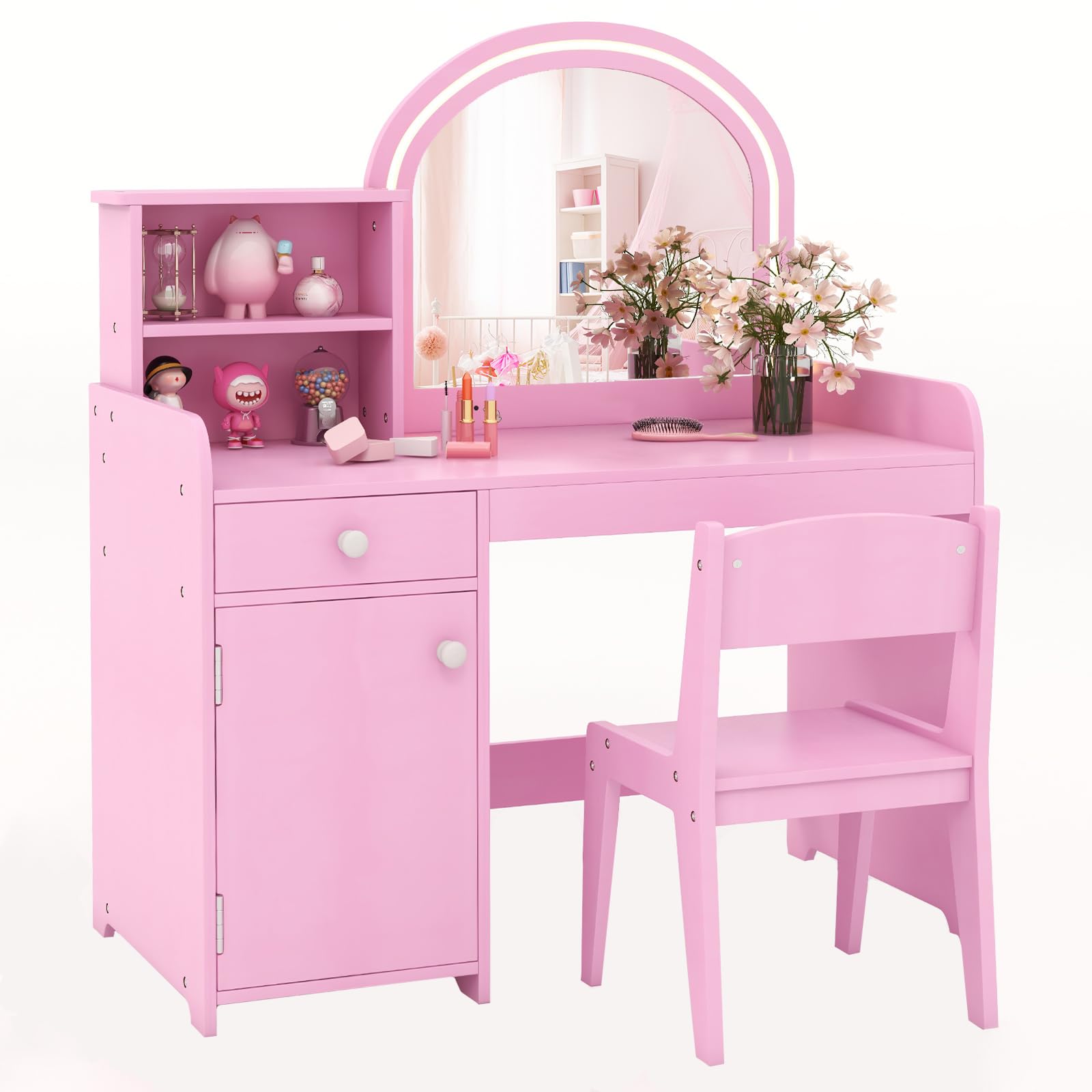 COSTWAY 2 in 1 Kinder Schminktisch Set, Frisertisch mit Hocker, LED-Leuchten, Spiegel, Schrank & Schublade, Kosmetiktisch Schminkkommde mädchen aus Holz für Kinder ab 3 Jahren (Rosa)