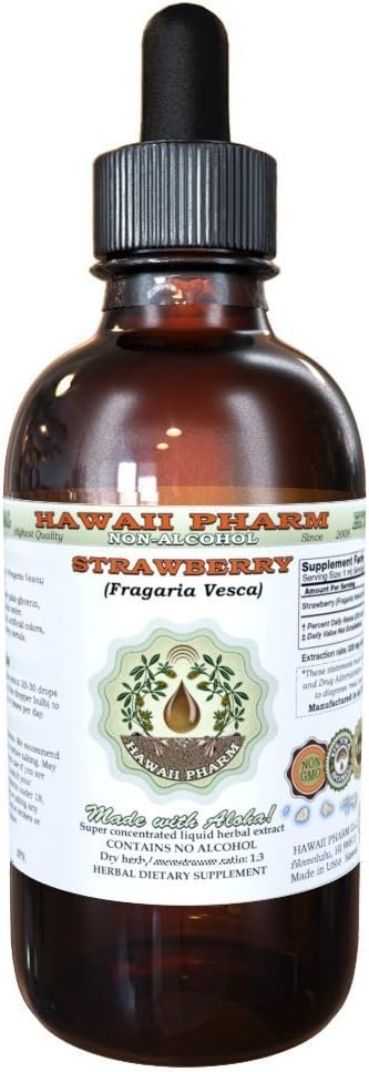 Strawberry Alcohol-Free Liquid Extract, Organic Strawberry (Fragaria Vesca) Dried Leaf Glycerite Natural Herbal Supplement, Hawaii Pharm, USA 2 fl.oz