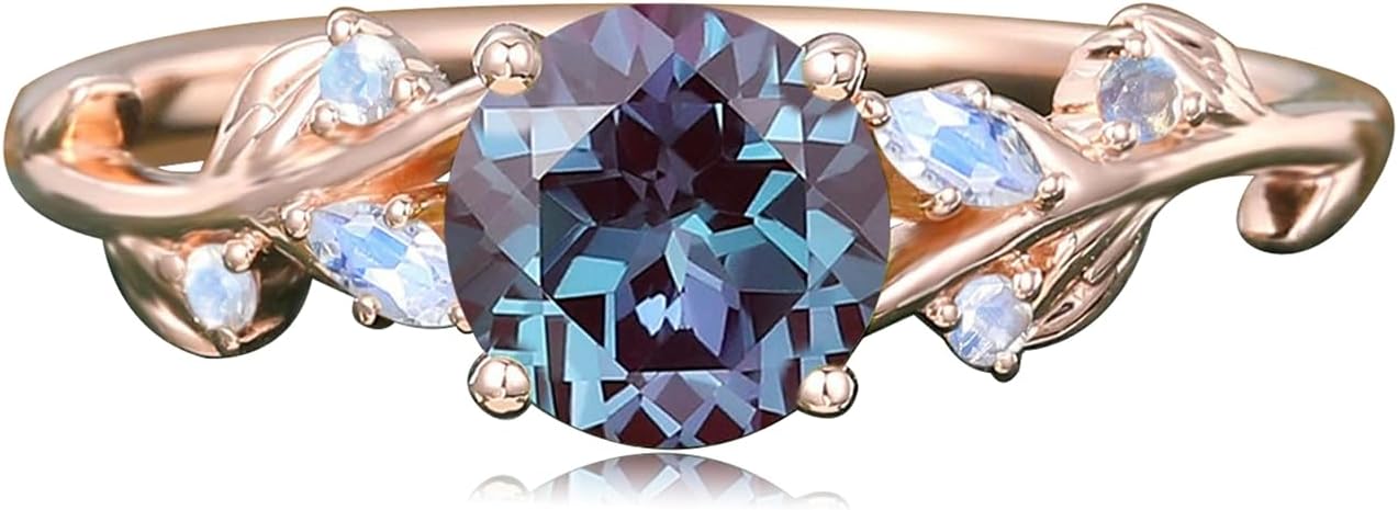 Alexandrite Engagement Ring 10K/14K/18K Solid Rose Gold Unique Vintage 1CT Round Alexandrite Ring Leaf Flower Twisted June Birthstone Wedding Ring Personalized Birthday Christmas Gift for Woman