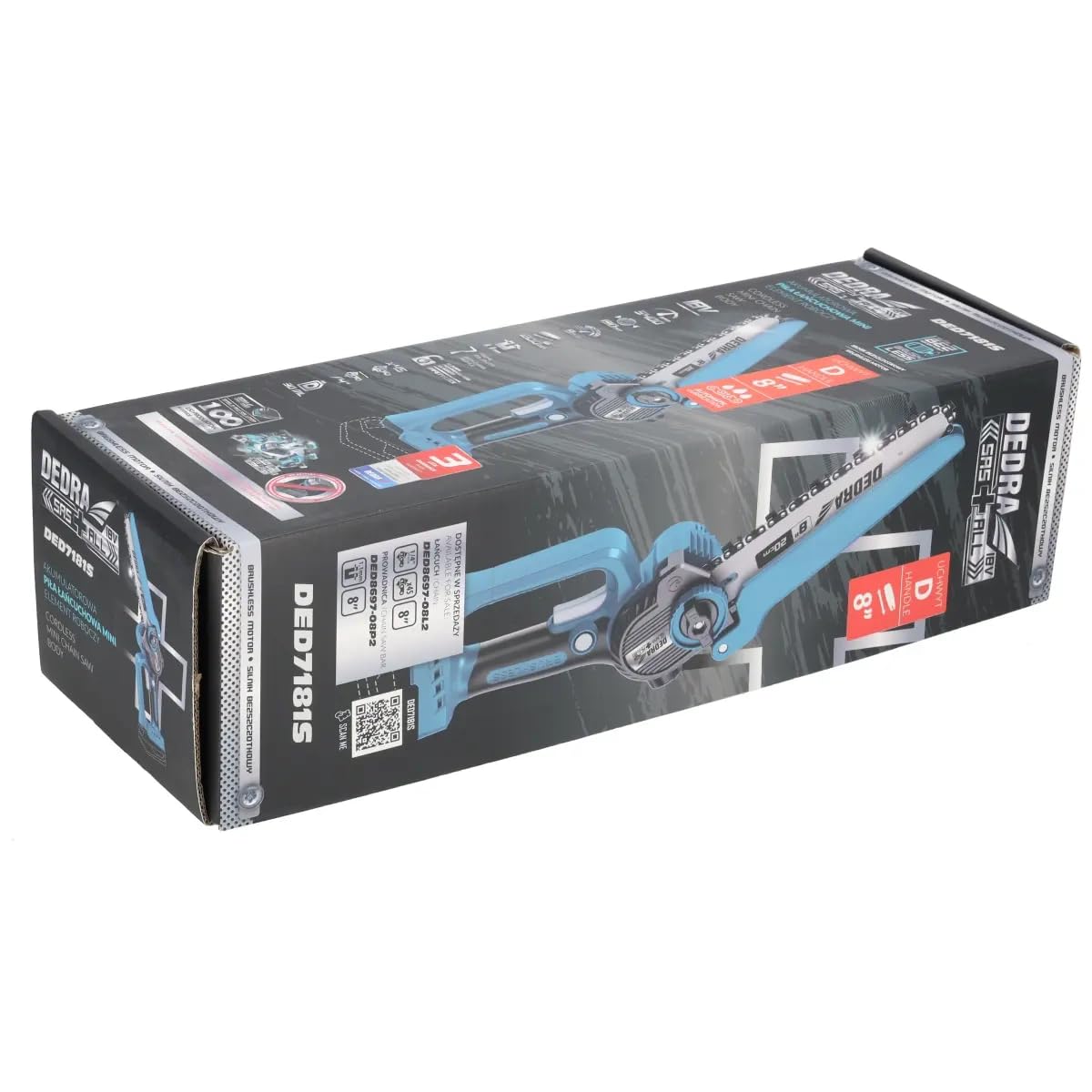 Dedra SAS+ALL DED7181S 18 V – bezszczotkowa mini piła łańcuchowa 8″ (200 mm), prędkość 5400 RPM, cięcie do 190 mm, automatyczne smarowanie, bez akumulatora i ładowarki
