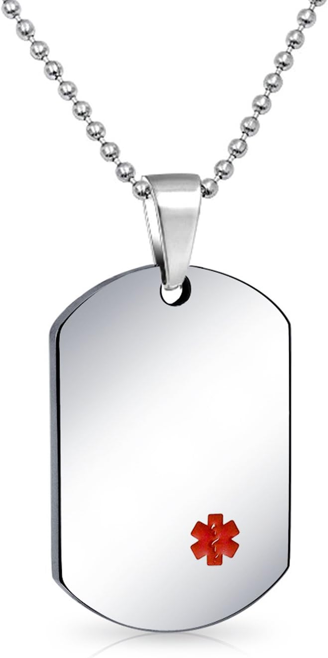 Bling Jewelry Unisex Personalize Customizable Medical Identification Medical ID Dog Tag Steel Pendant Necklace For Men Women 20 Inch Chain SM MED LG