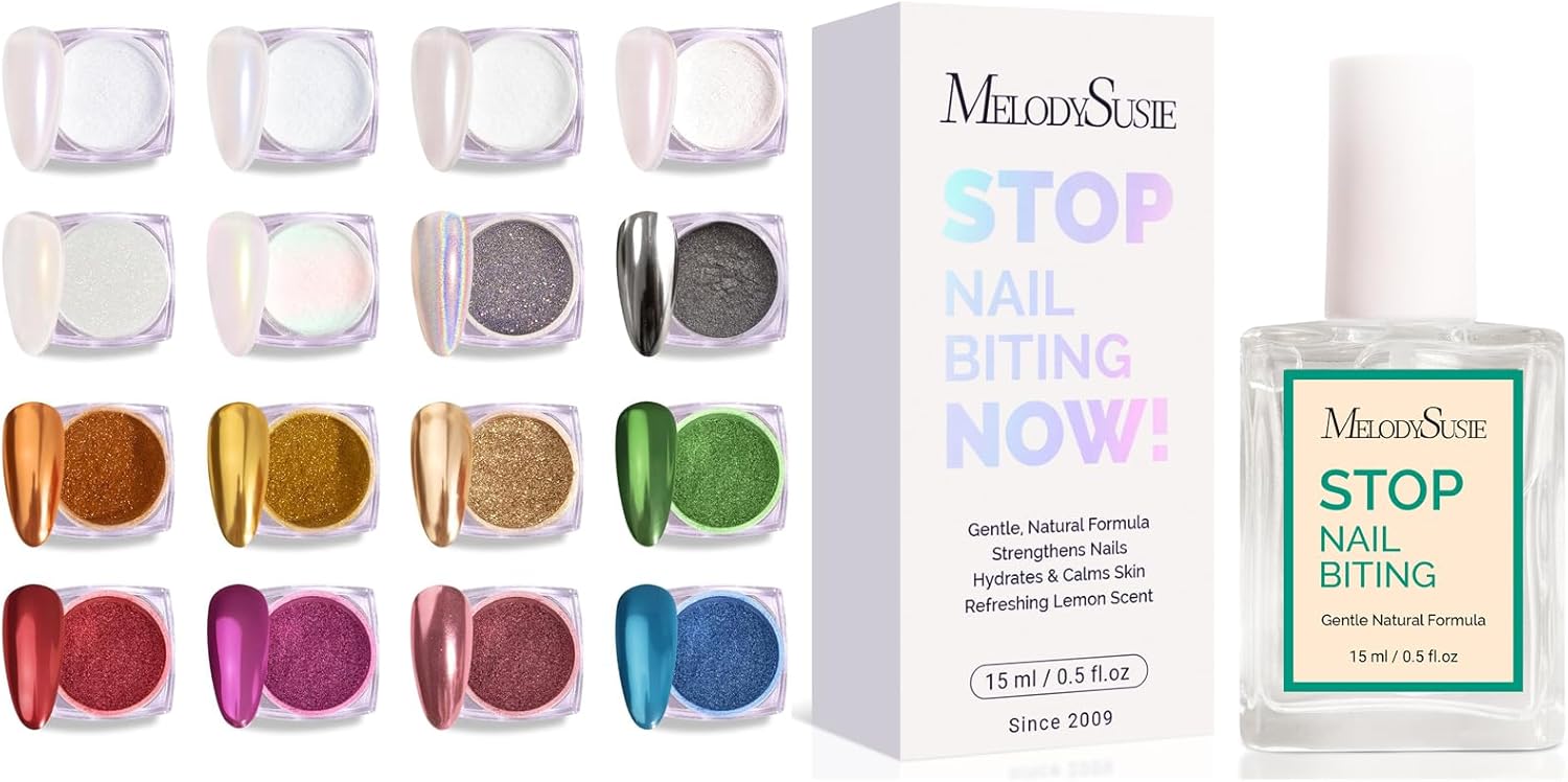 MelodySusie 16Pcs Chrome Nail Powder for Gel Nails MelodySusie 15ML Nail Biting Treatment