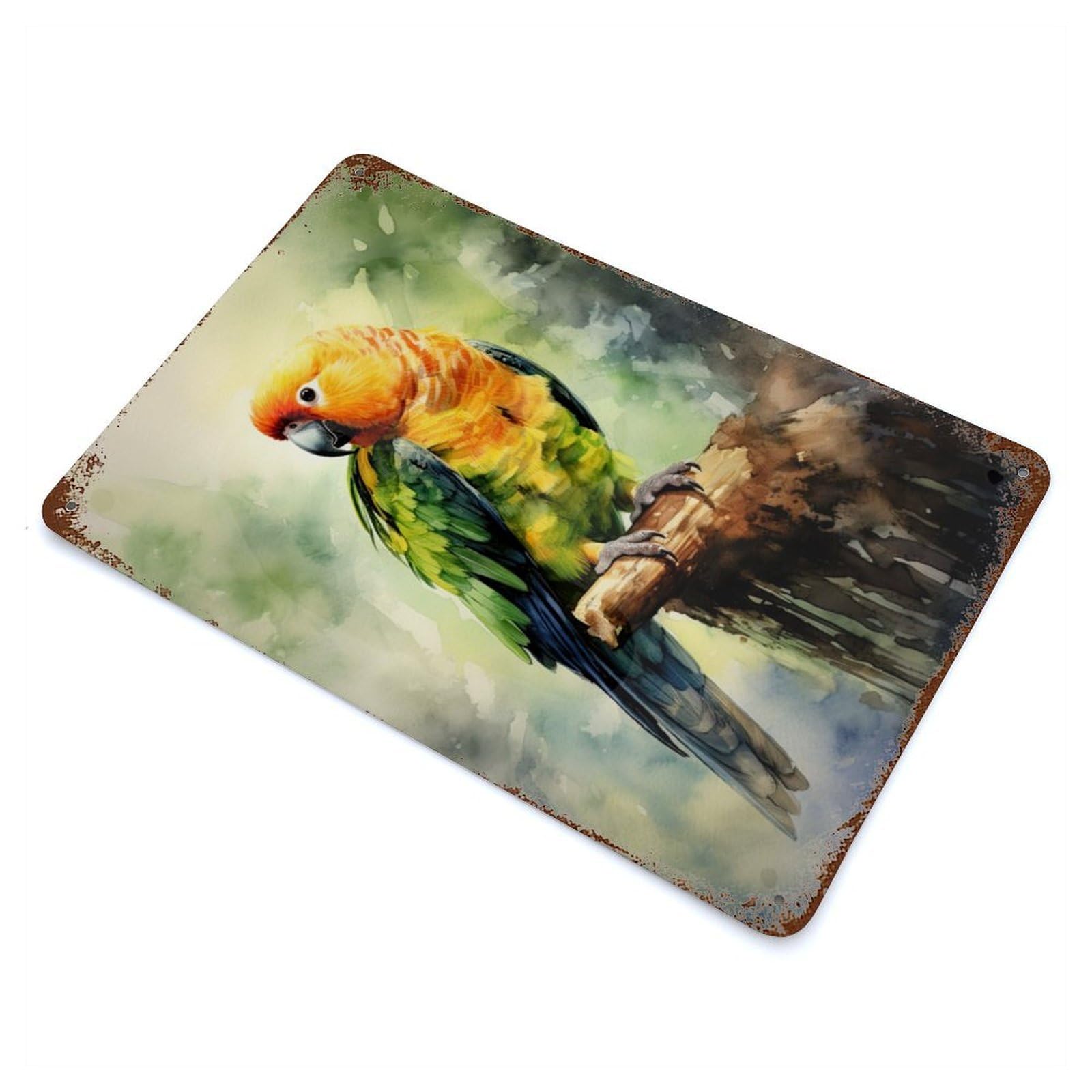 Weathered Tin Sign with Parrot Watercolor Design 11.8"x7.9", for Garage, Bar And Workshop Decor, Decorative Metal Wall Art