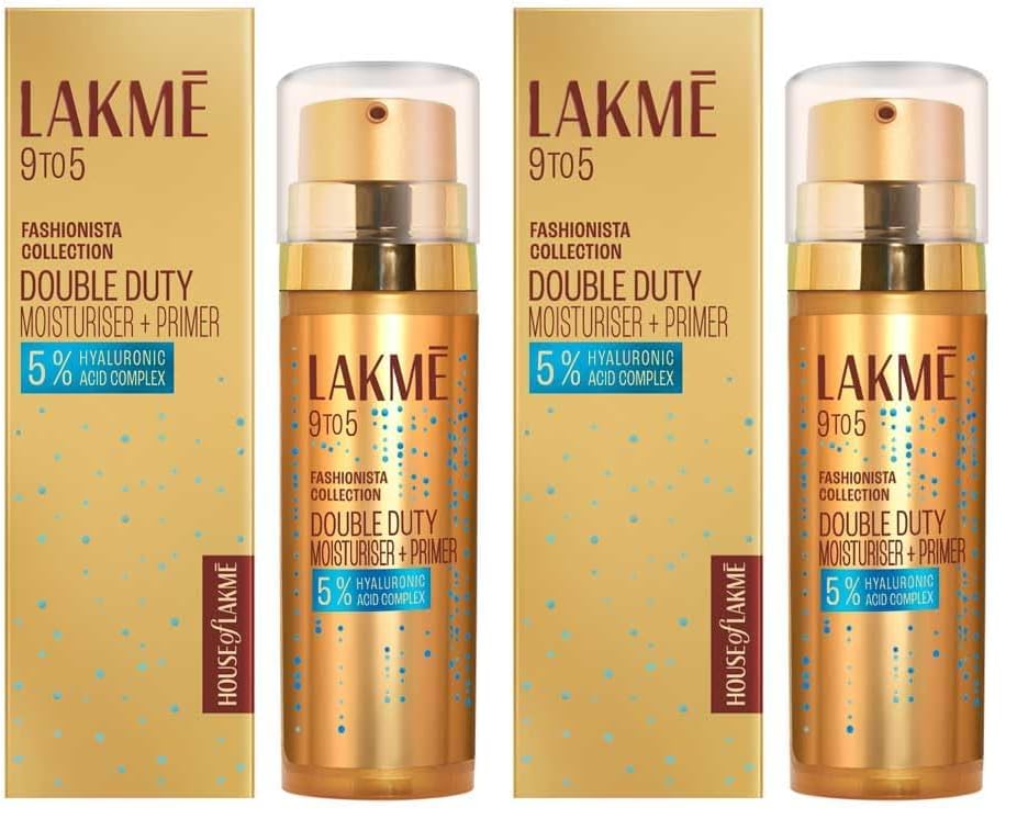 Image of LAKME 9to5, Double Duty Moisturiser + Primer, 30g, for Long-Lasting Makeup and Hydrated Skin, with 5% Hyaluronic Acid Complex, Blurs Pores, Non-Sticky Formula (Pack of 2)