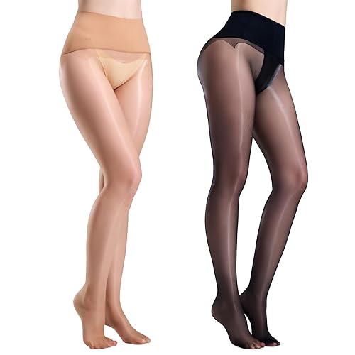 Yilanmy 2 Pairs Seamless Shiny Pantyhose for Women, 360° Seamless Oil Glossy Sheer Tights Shimmer Silk Stockings High Waist - Small - Black+natural