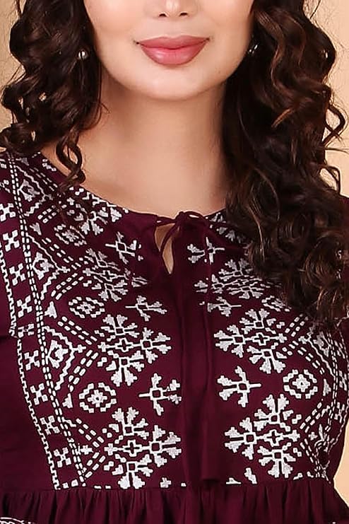 Image of MAHIRA'S Women's Short Kurti, Black Rayon Tunic Top with Embroidered Sleeves, 3 /4 Designer Sleeves